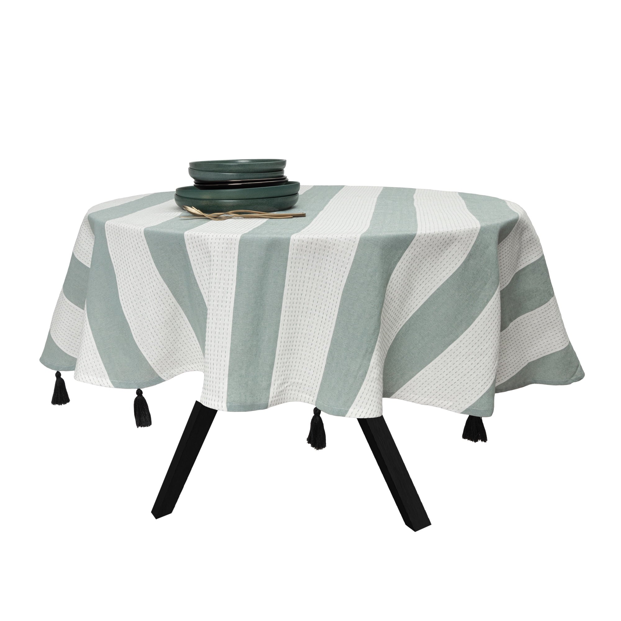 (4 pack) Thyme & Table 70" Round Tablecloth, Green and White with Black Tassels