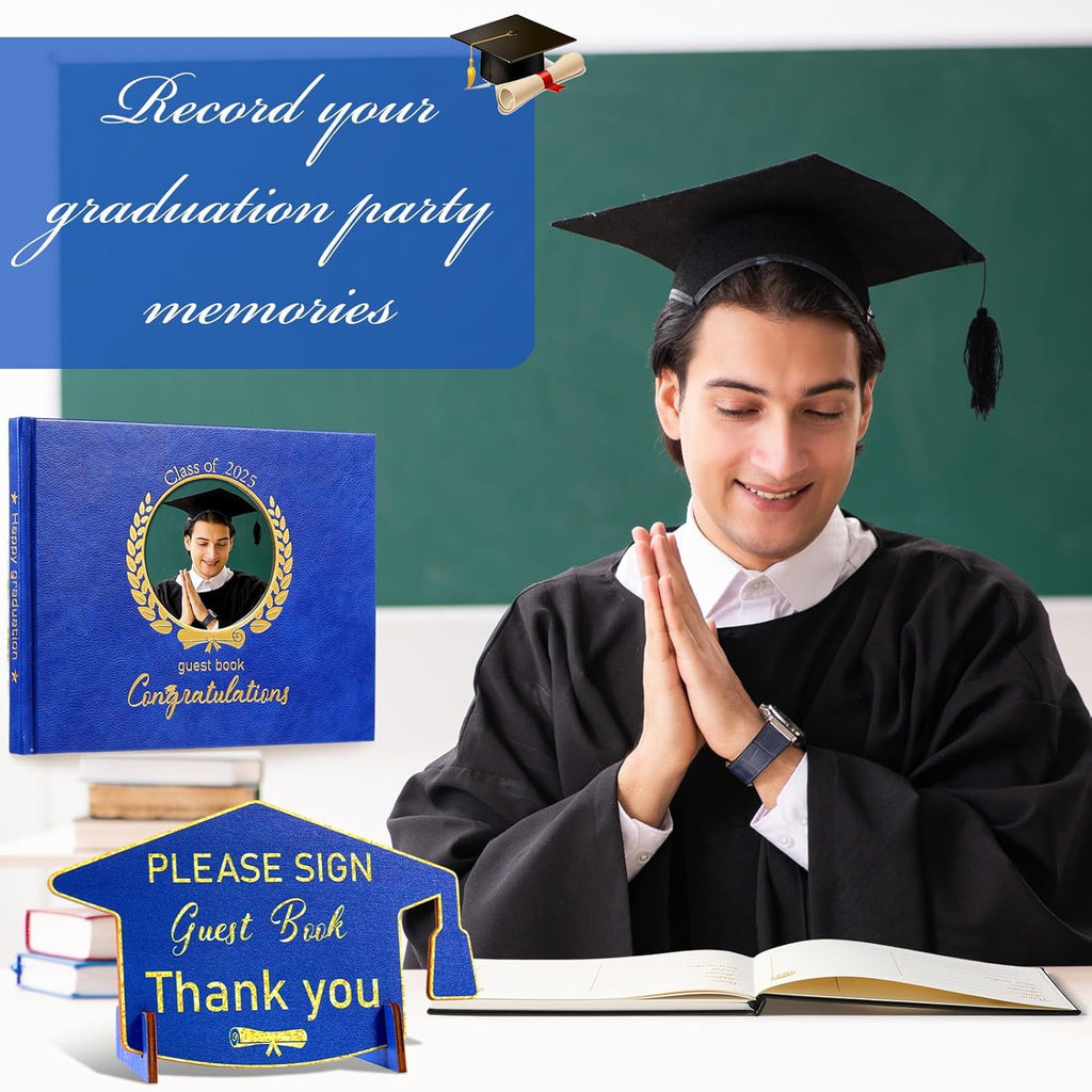 Leather Graduation Guest Book with Grad Stand and Signature Pen Guest Sign in Book 2025 Grad Memory Registry Guestbook for College High School Graduation Party Gifts Supplies(Black Gold)