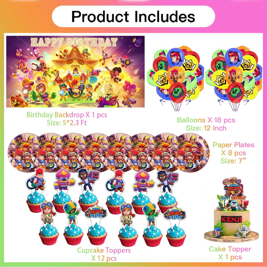 Brawl Stars Balloons Supplies Party Decor Plates Decorations Banner Cake Topper Tableware Banner Backdrop