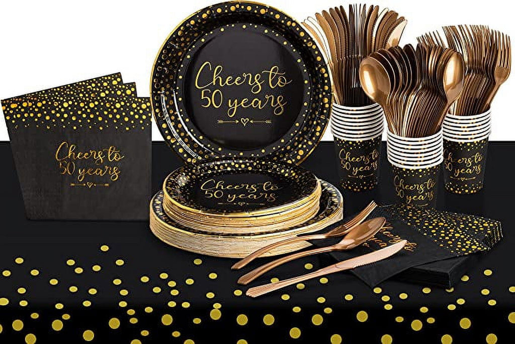 50th Birthday Party Supplies Tableware Serves 24: 9" Paper Plates 7" Plate 9 Oz Cups Napkins Forks Knives Tablecloth 50th Birthday Black & Gold Dot Themed Disposable Dinnerware