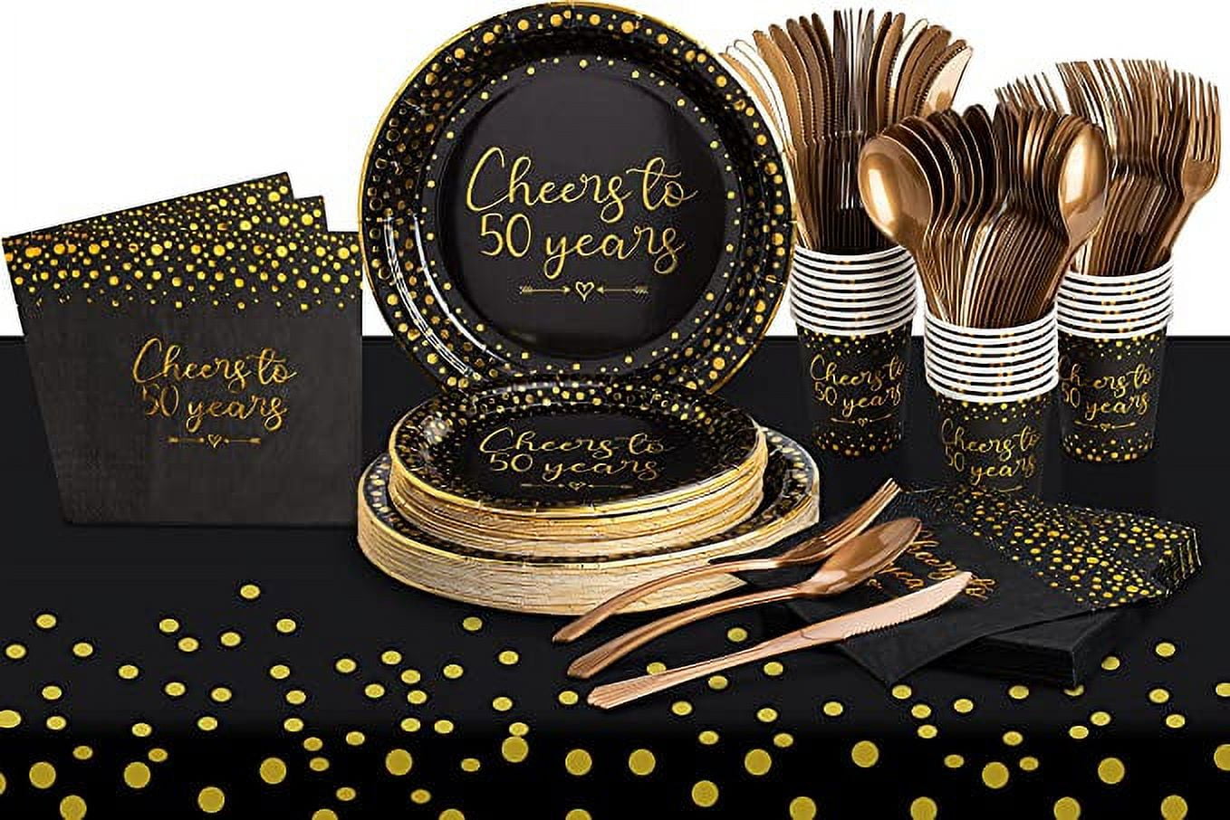 50th Birthday Party Supplies Tableware Serves 24: 9" Paper Plates 7" Plate 9 Oz Cups Napkins Forks Knives Tablecloth 50th Birthday Black & Gold Dot Themed Disposable Dinnerware