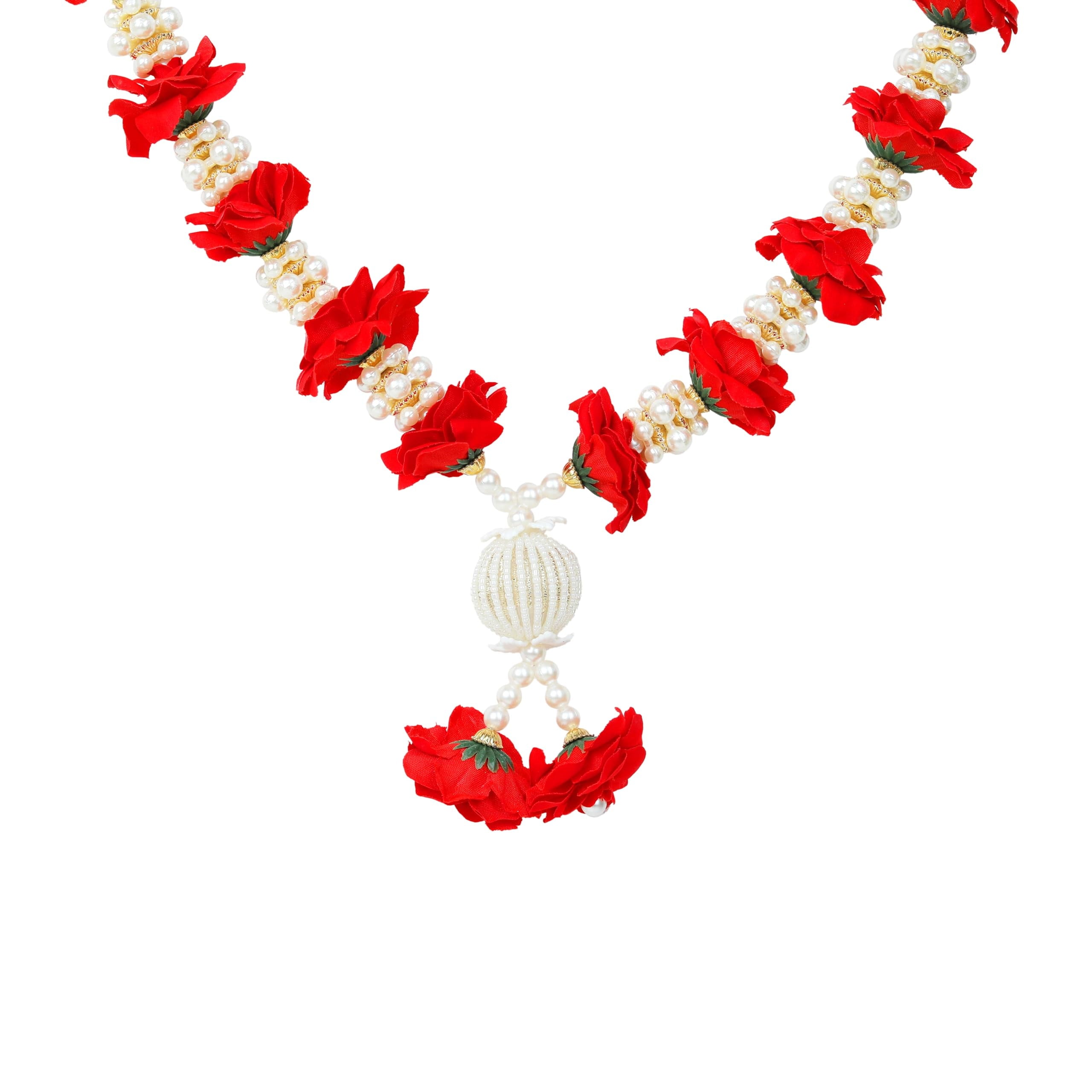 Artificial Mala Rose Flowers Ribbon Garland Haar Mala for Idol-Mala with Beads for God Statues Accessories Pooja Sringar Articles Ornament for Indian Traditional Festival Decoration(Size:-14")(Red)