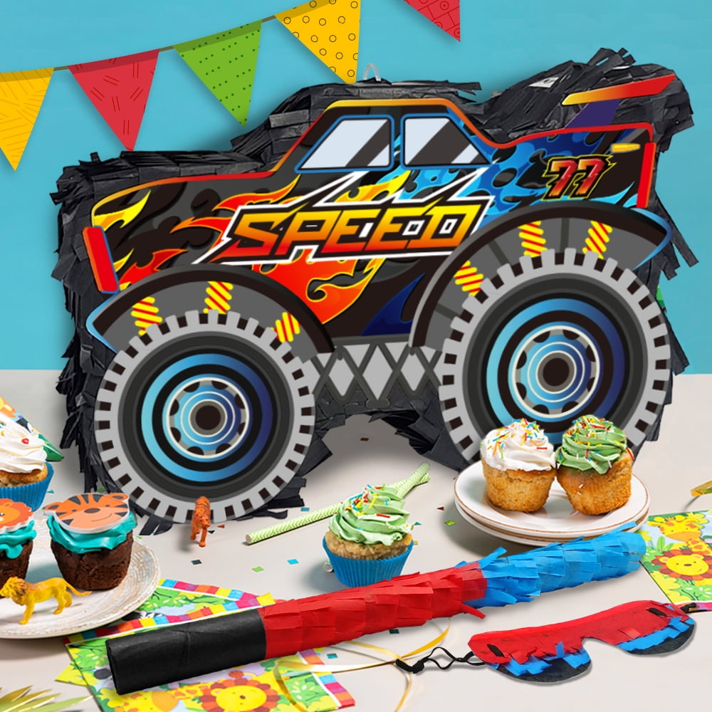 Truck Pinata for Party Supplies Monster Truck Pinata Car Pinata with Stick and Blindfold for Boys Party Decoration, Cool Birthday Party Supplies