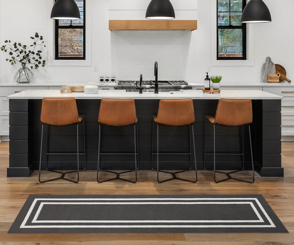 Washable Skid-Resistant Runner Rug, Border, Dark Grey and White, 26" x 96"