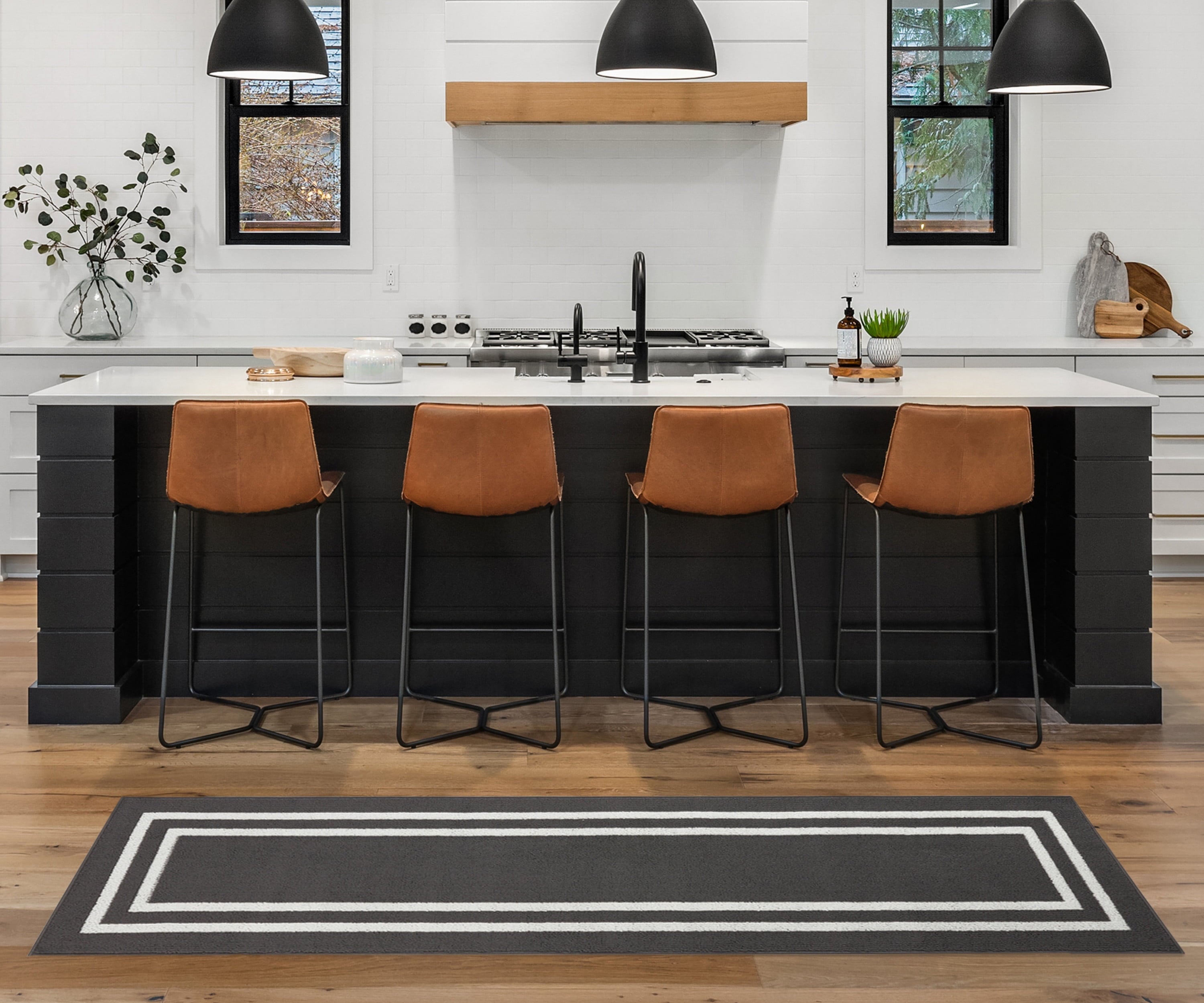 Washable Skid-Resistant Runner Rug, Border, Dark Grey and White, 26" x 96"