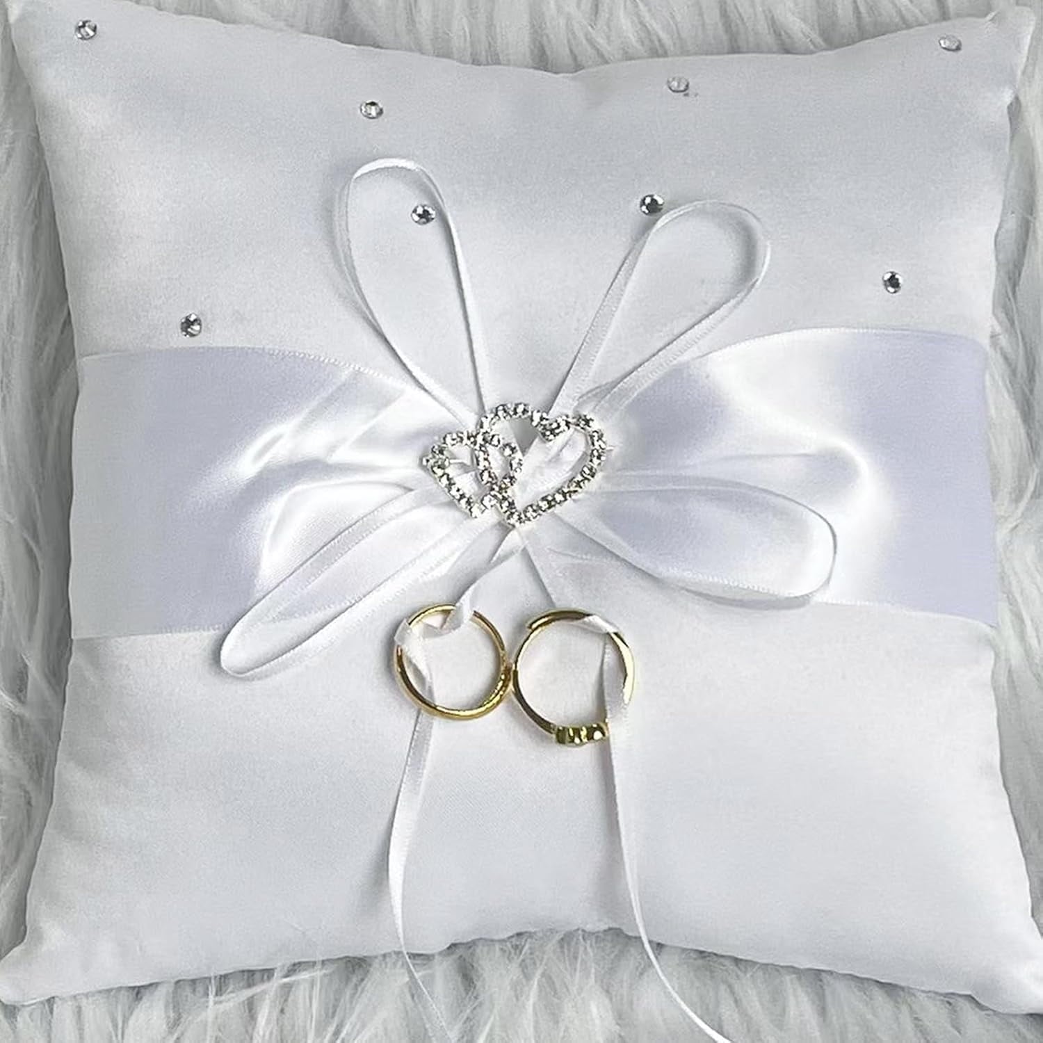Ring Bearer Pillow, White Satin with Crystal Hearts Ring Cushion, Ring Holder Box, Rhinestone Accents for Beach Wedding Ceremony Proposal Party-7.8 x7.8 '' White Square B-7.8 x7.8 ''