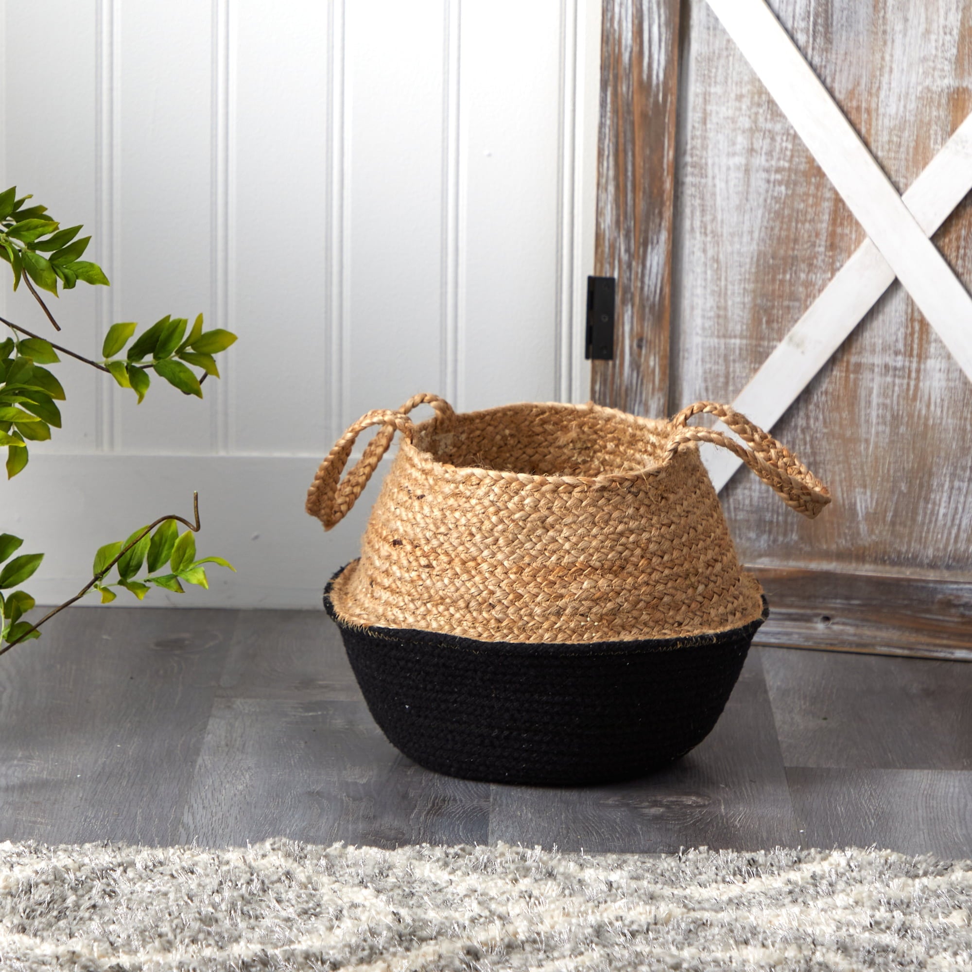 Nearly Natural 14in. Boho Chic Handmade Cotton & Jute Black Woven Basket Planter