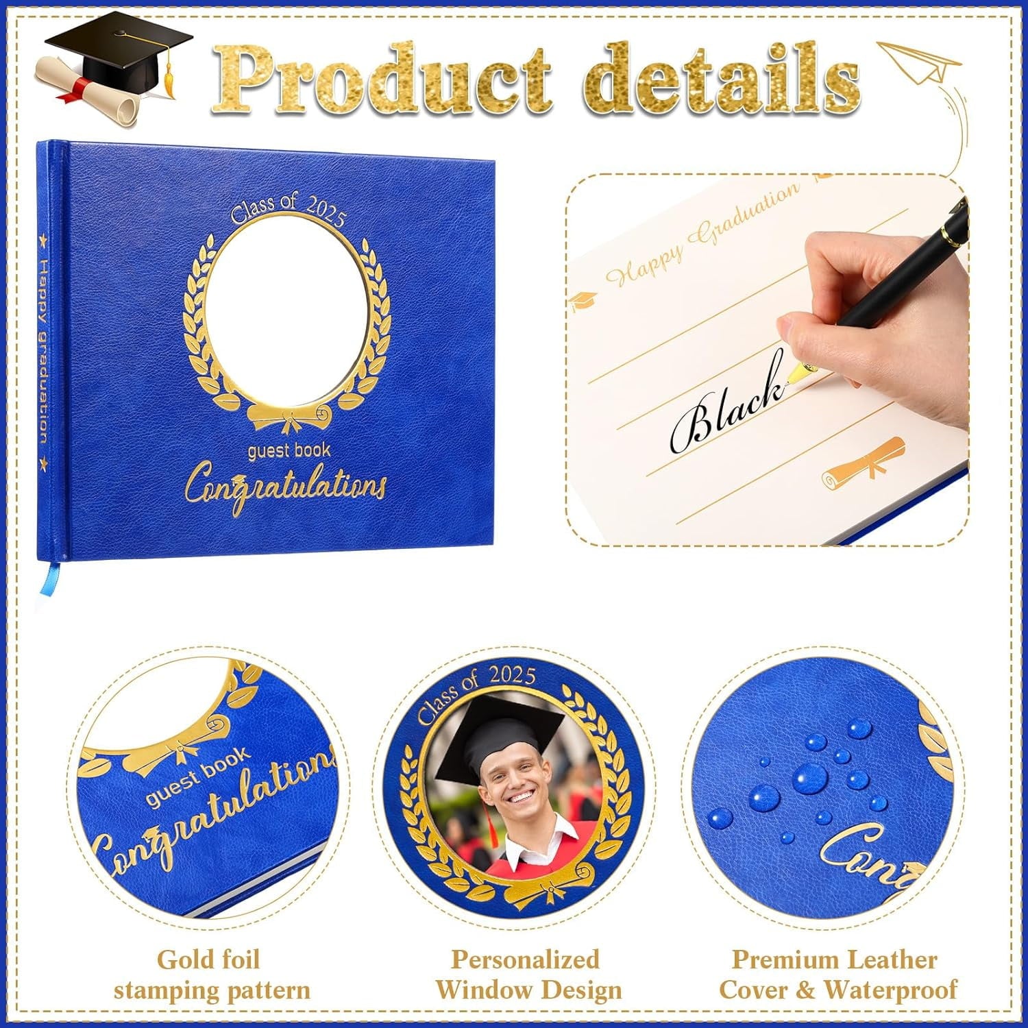 Leather Graduation Guest Book with Grad Stand and Signature Pen Guest Sign in Book 2025 Grad Memory Registry Guestbook for College High School Graduation Party Gifts Supplies(Black Gold)