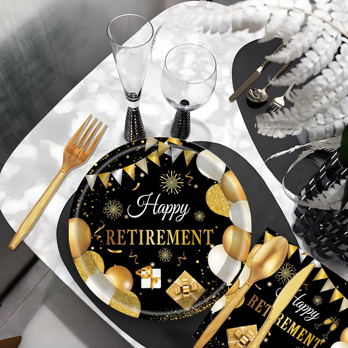 Retirement Paper Plates and Napkins Disposable Dinnerware Retirement Party Supplies Retirement Tableware Set for 16 guests Black Gold