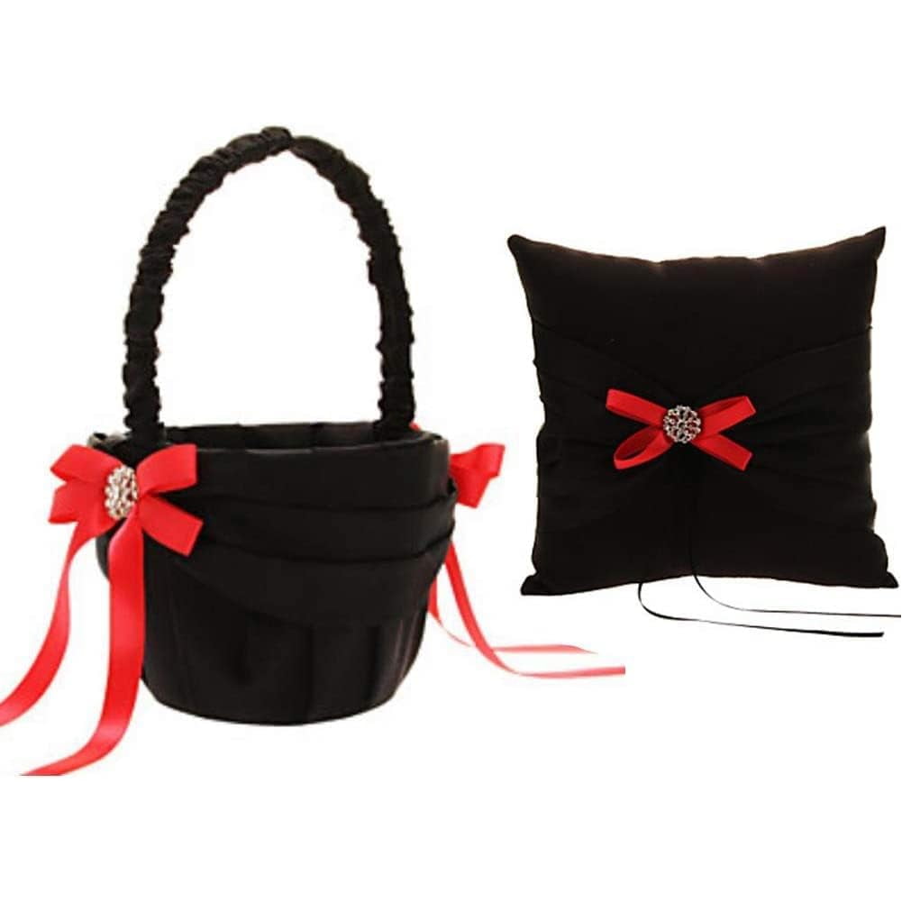 4Pcs Black Wedding Supplies Set Flower Girl Basket + Ring Bearer Pillow + Guest Book + Pen Set Holder for Bridal Wedding Shower Ceremony Anniversary Celebrations Party Decorations