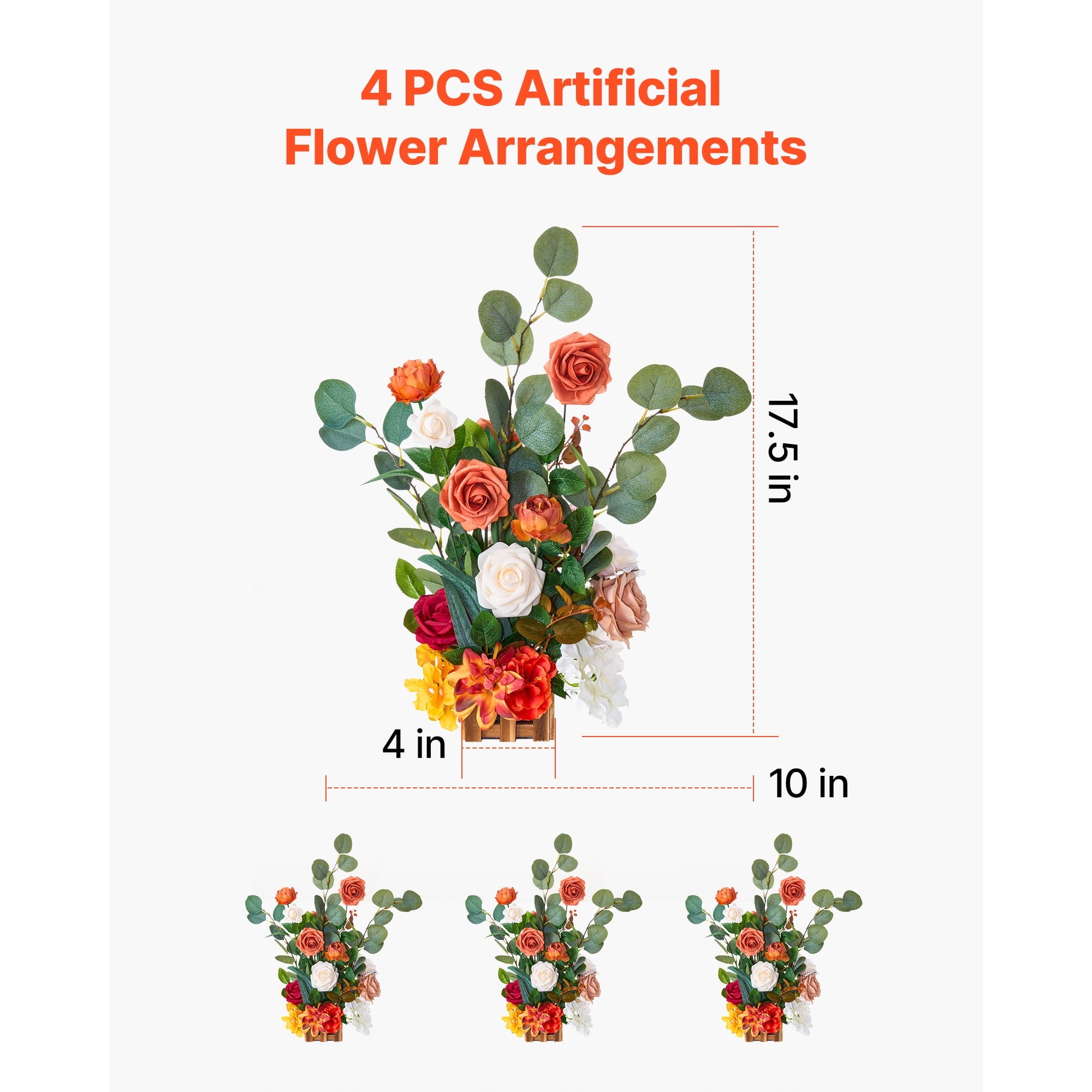 KFFKFF Standing Artificial Flower Arrangements Set of 4, 17.5-Inch Tall Faux Floral Decorations for Wedding Aisle, Orange Centerpieces for Ceremony, Reception, Party, and Outdoor Decor