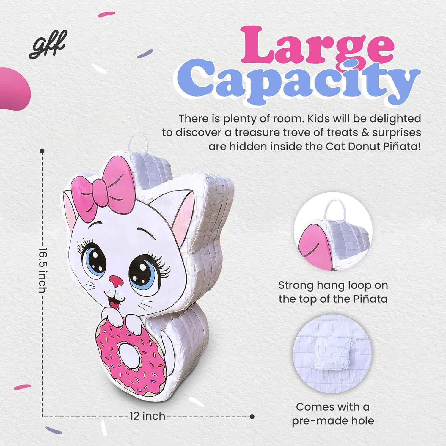 Cat Donut Pinata Bulk Candy Fill Spill Pinatas - Kitty Party Favor Game for Kids Boys Girl Birthday Parties Supplies - Animal Theme Cute Decor School Carnivals Cat Party Event - 16.5 X 12 X 4 In