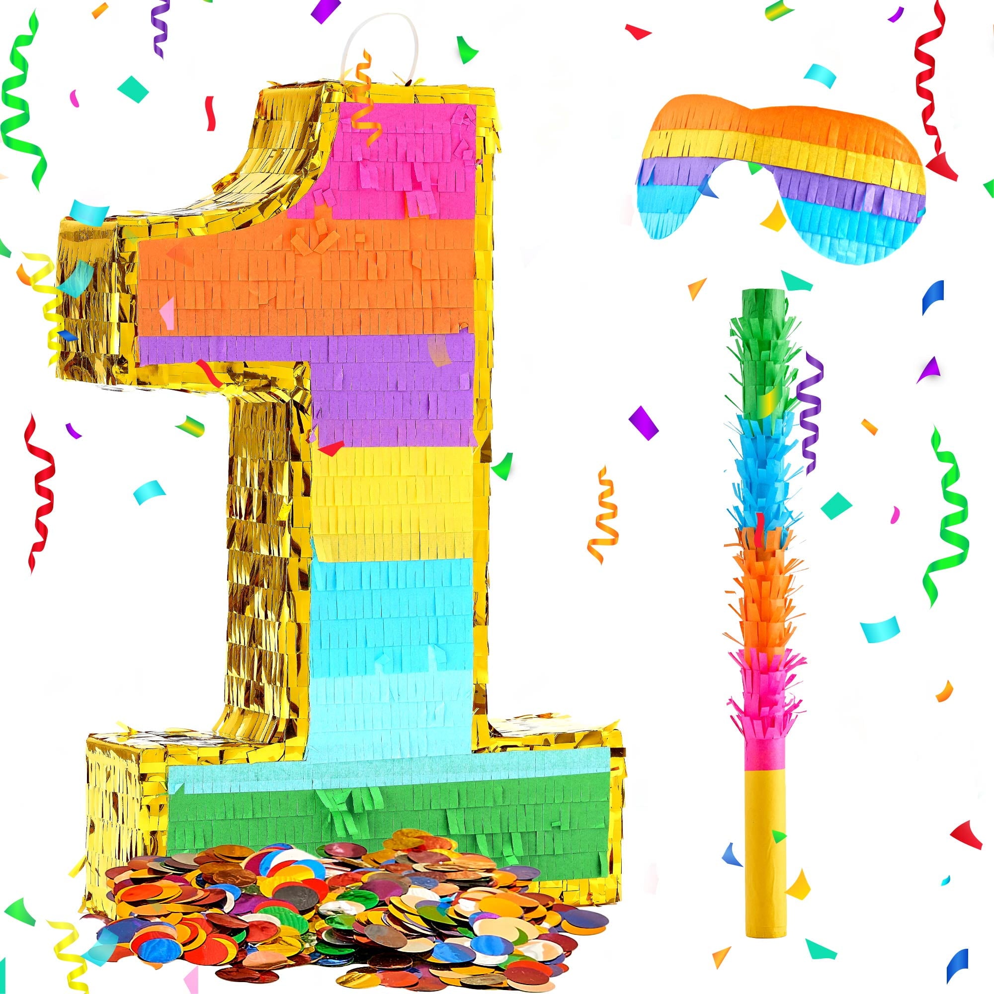 MKLZ Number 1 Pinata, Party Decoration with Blindfold, Stick and Confetti, Pinatas for Birthday Party ( Small, 16.5 x 11.5 x 3 In)