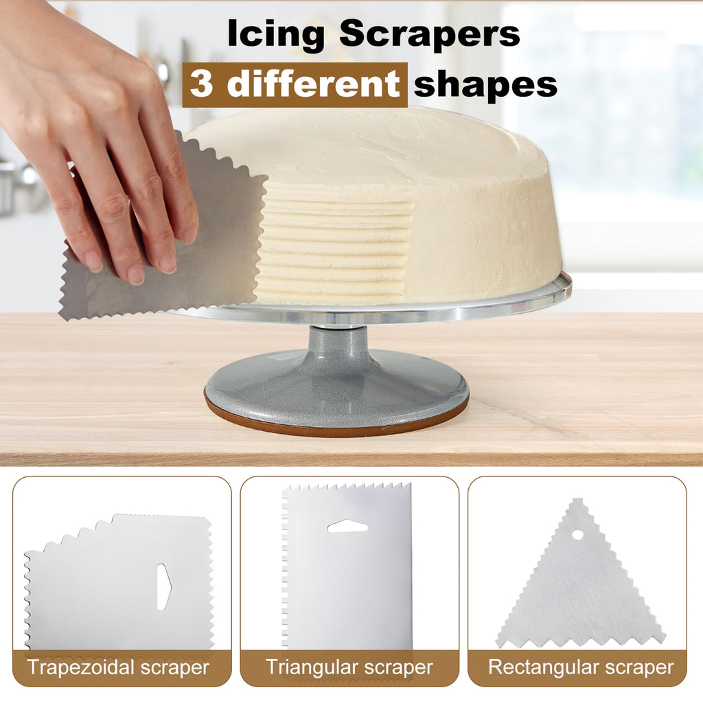 Cake Turntable Set, 12'' Aluminium Alloy Cake Stand, Cake Decorating Turntable with 3 Comb Smoother Offset Spatula Cake Serve for Cake, Cupcake, Desserts