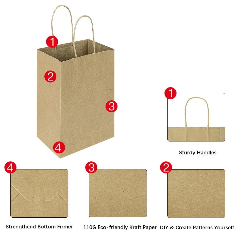 100pcs 5.25x3.25x8.25 Inch Small Plain Natural Paper Gift Bags with Handles Bulk, Kraft Bags for Birthday Party Favors Grocery Retail Shopping Business Goody Craft Bags Cub (Brown 100 Count)