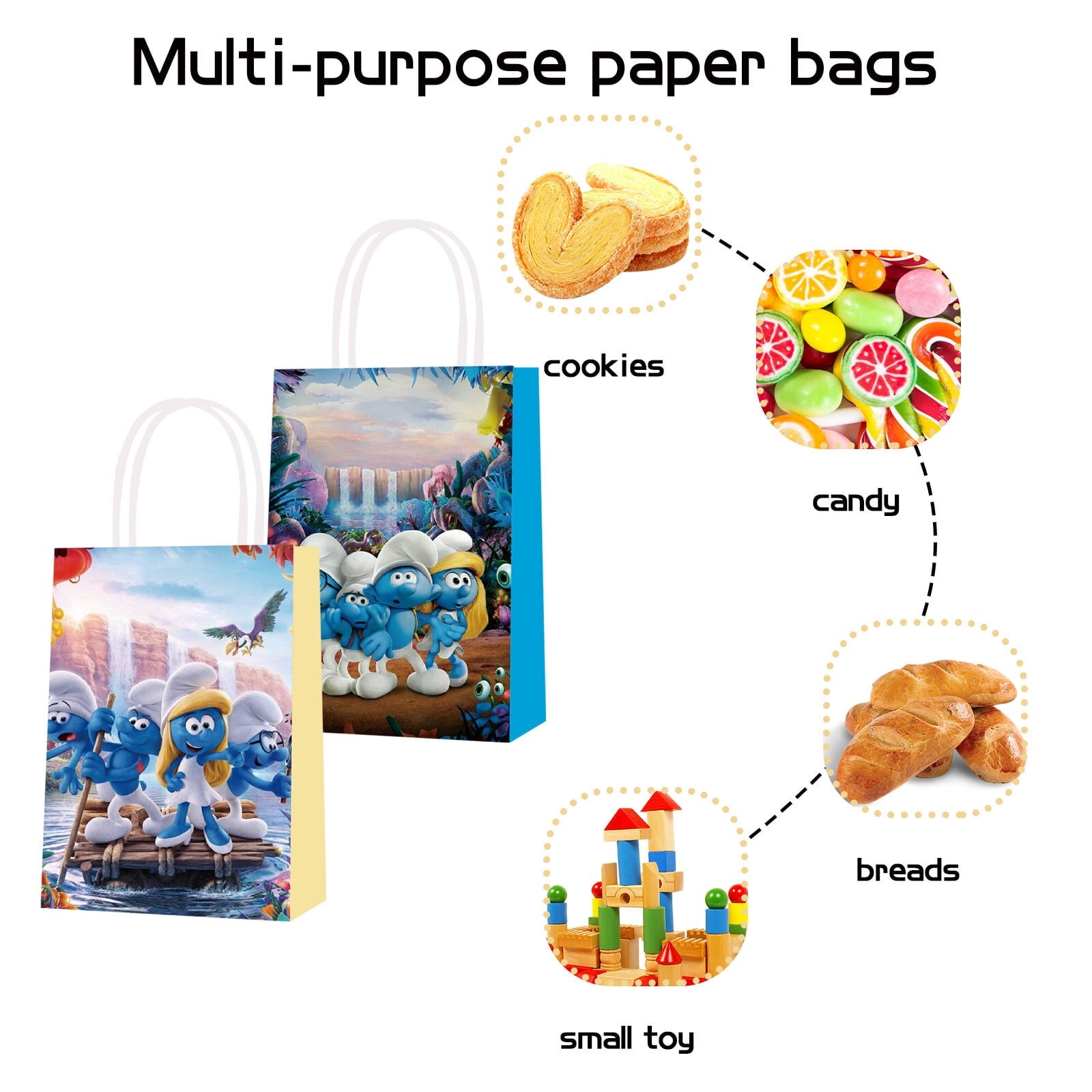 16 Pcs For Smurfs Theme Party Favor Bags – 2 Styles Candy Gift Bags with Handles for Birthday Party Decorations and Celebrations