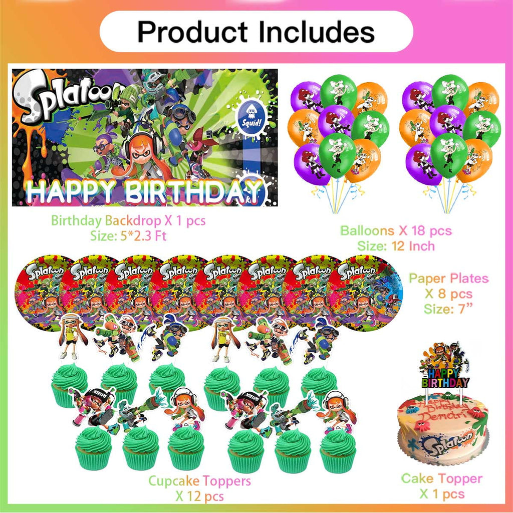 Splatoon Birthday Party Supplies Balloons Plates Decoration Cake Topper Decor Tableware Banner Backdrop