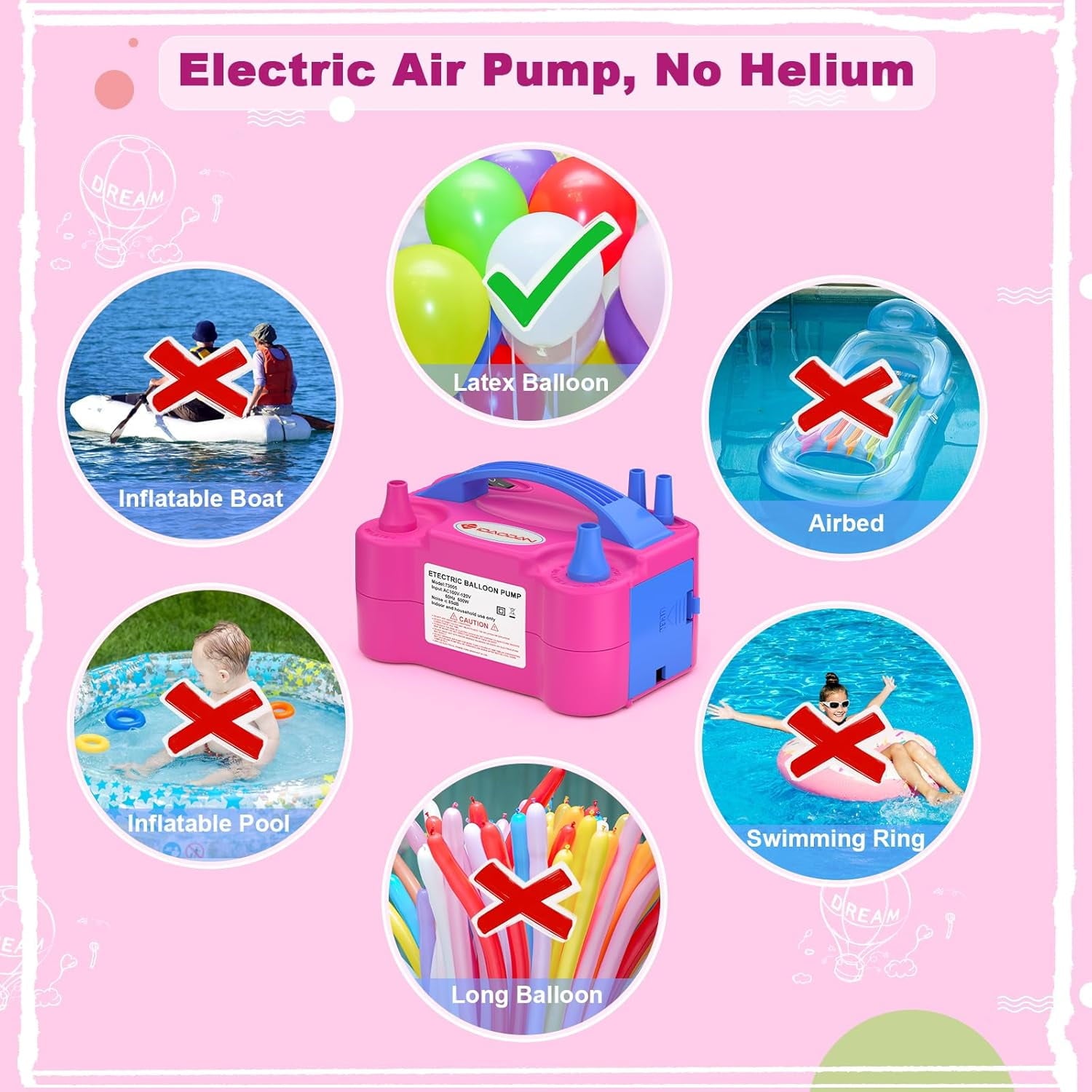 IDAODAN Electric Balloon Pump, Portable Electric Balloon Blower Machine Balloon Air Pump Dual Nozzle Rose Red 110V 600W Balloon Inflator for Party Decorations