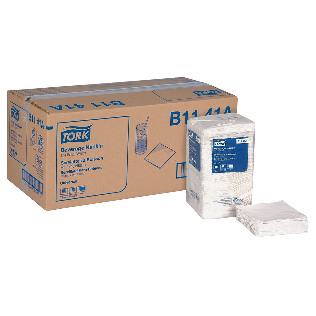 Tork Universal Beverage Napkin, 1-Ply,9.125x9.125, 1/4 Fold,Poly-Pack,White, 4000/CT -TRKB1141A