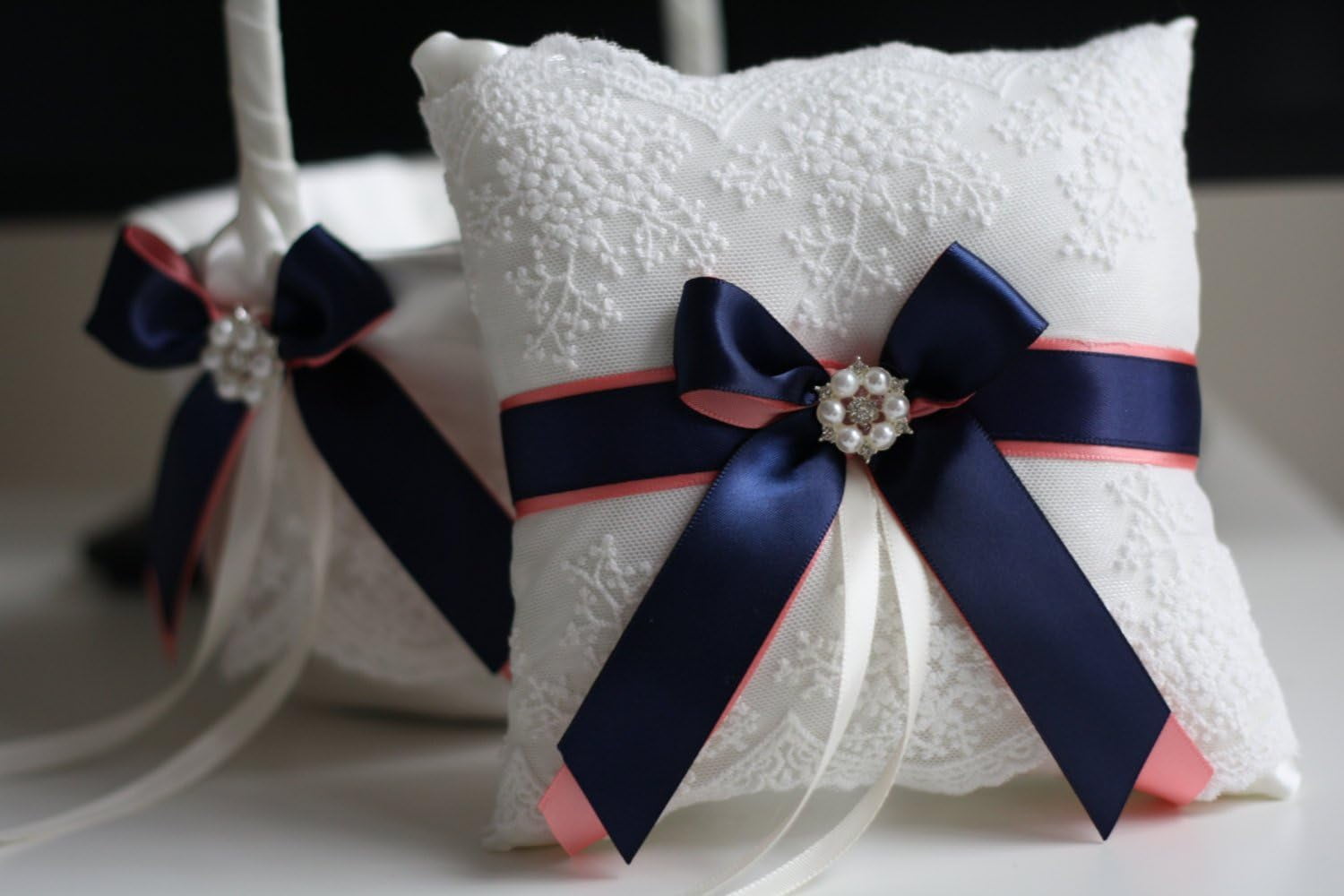 Wedding Flower Girl Basket & Ring Bearer Pillow Set by  Emotions (Coral Navy)
