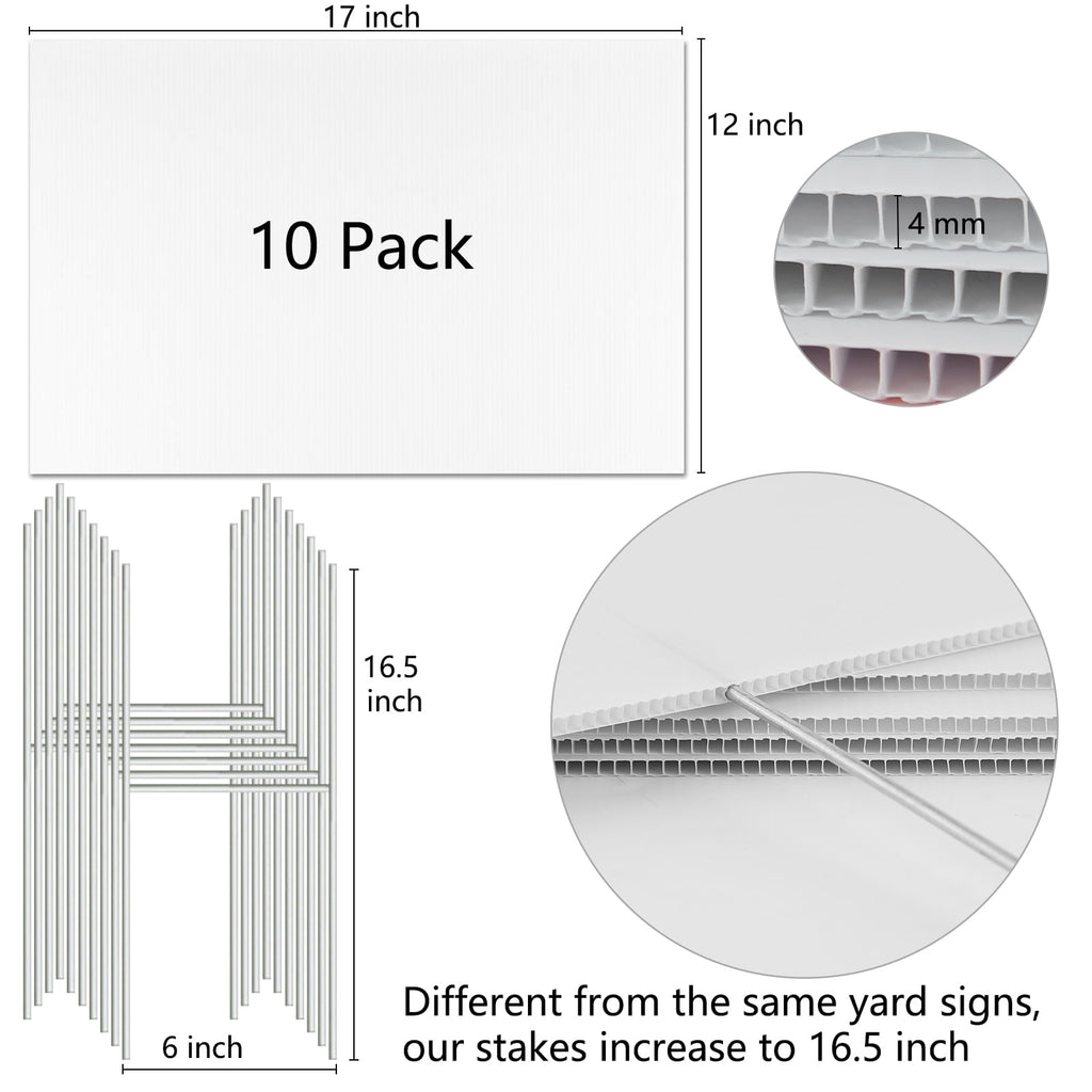 Remiawy Blank Yard Signs, 10 Pack 17x12 inches Yard Sale Signs with Stakes, White Corrugated Plastic Custom Outdoor Lawn Yard Sign, Double Sided Holder for Garage Birthday Party Guidepost Decorations