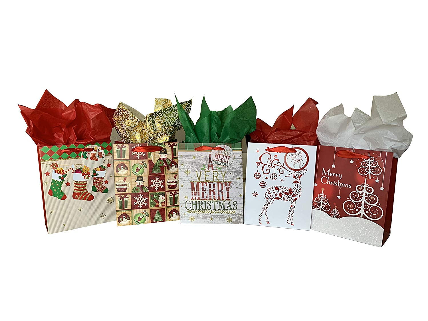 Christmas Gift Bags Assorted Sizes - Set of 15, Bulk, Large, Medium, Small, Handles, Gift Tags Included, Festive Holiday Gift Wrapping