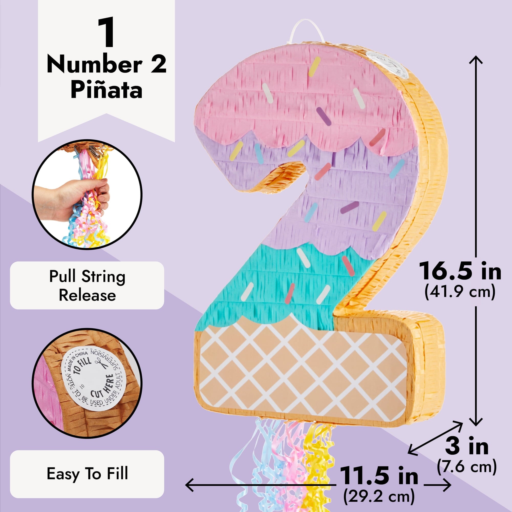 Pull String Number 2 Ice Cream Pinata for Two Sweet Birthday Decorations (16.5 x 11.5 x 3 In), For Ages 3+