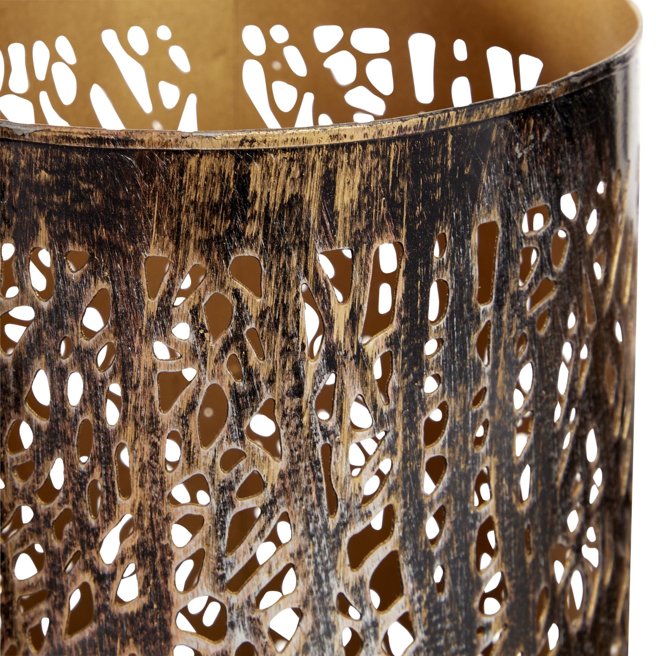 DecMode 3 Holder Bronze Metal Tree Branch Cutout Candle Lantern with Gold Interior, Set of 3
