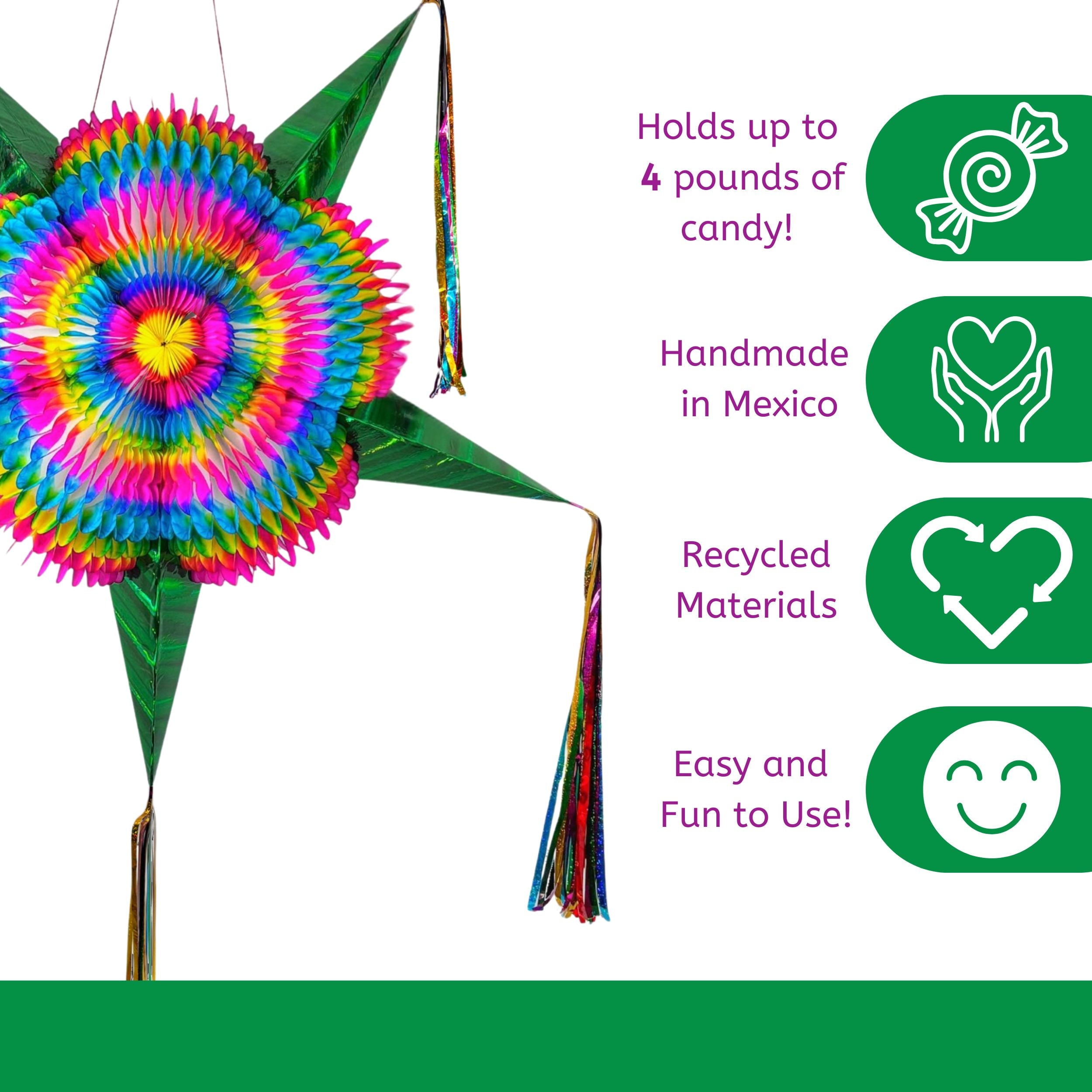 Extra Large 32-Inch Mexican Star Pinata, Rainbow Multicolor with Green Cones, 25ft Rope