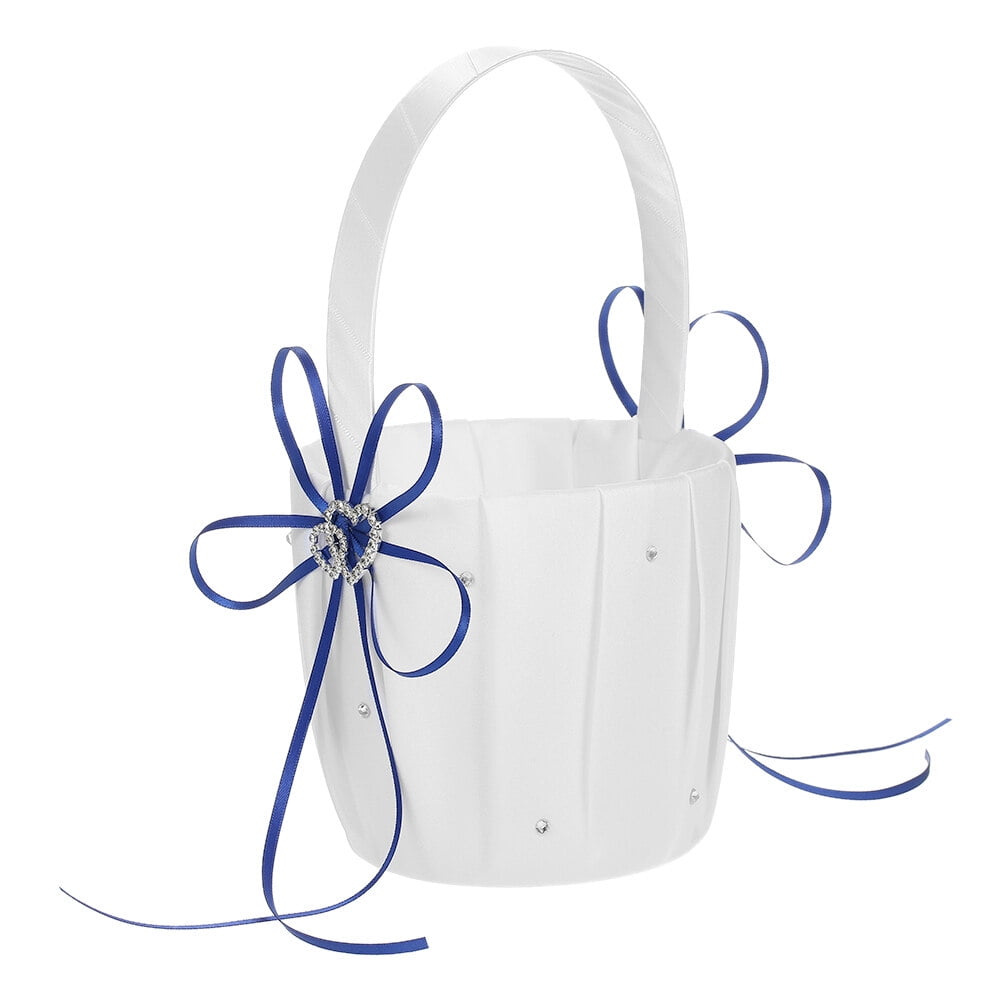 Leyfeng 6 * 6 inches Double Heart Satin Ring Bearer Pillow and Wedding Flower Girl Basket Set with Rhinestone Ribbon Decoration Blue