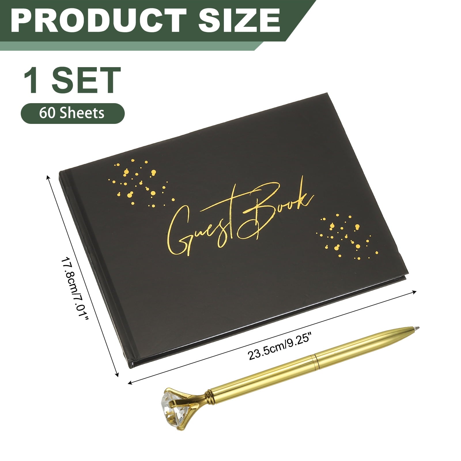 Guest Book, Wedding Guest Sign Book Reception Signature Book Party Decorations Supplies with Diamond Pen for Birthday Bridal Shower, Black Words