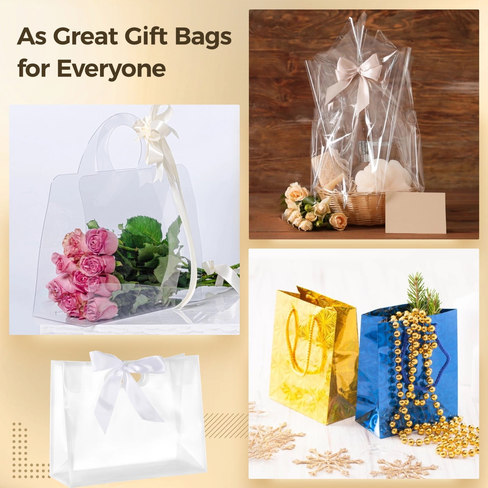 20 Pcs Clear Plastic Gift Bags with Handles, 12*5*10'' PP Frosted Totes with 31 Inch Ribbon, Reusable Waterproof Presentation Bags for Party Favor, Baby Shower, Wedding, Birthday