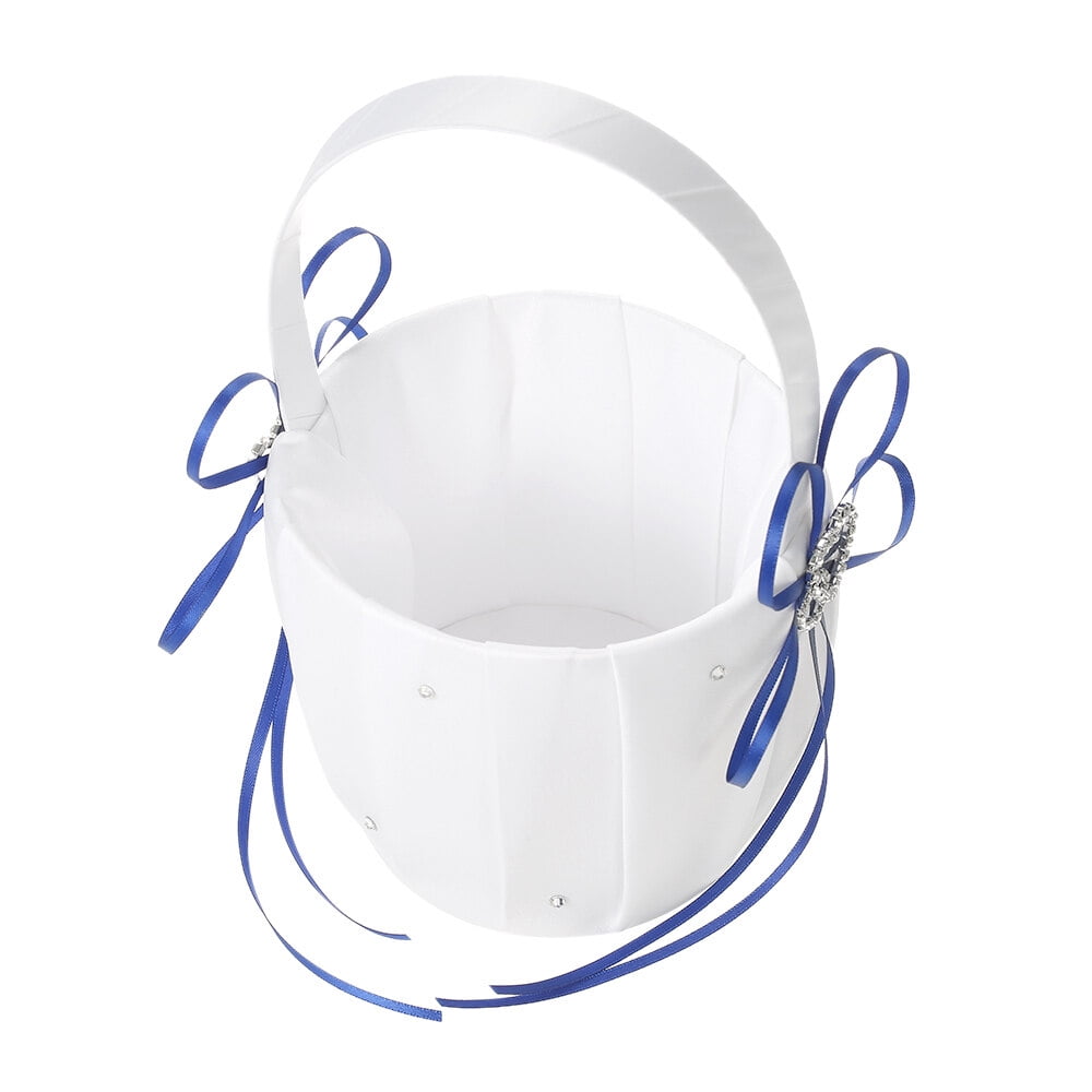 Leyfeng 6 * 6 inches Double Heart Satin Ring Bearer Pillow and Wedding Flower Girl Basket Set with Rhinestone Ribbon Decoration Blue