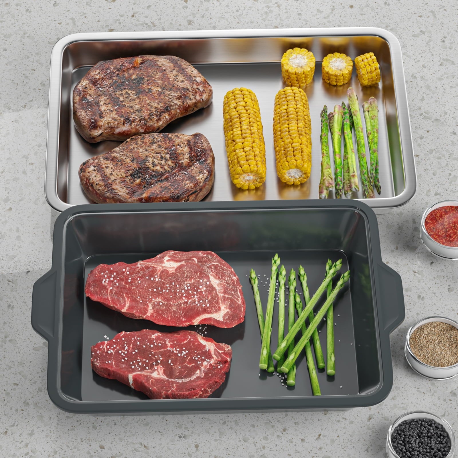 UPTRUST Food Prep BBQ Tray, Grilling Prep and Serve Trays with Silicone Marinade Container for Marinating Meat and Stainless Steel Serving Platter for all your Grilled Barbecue, Grilling Gifts for Men