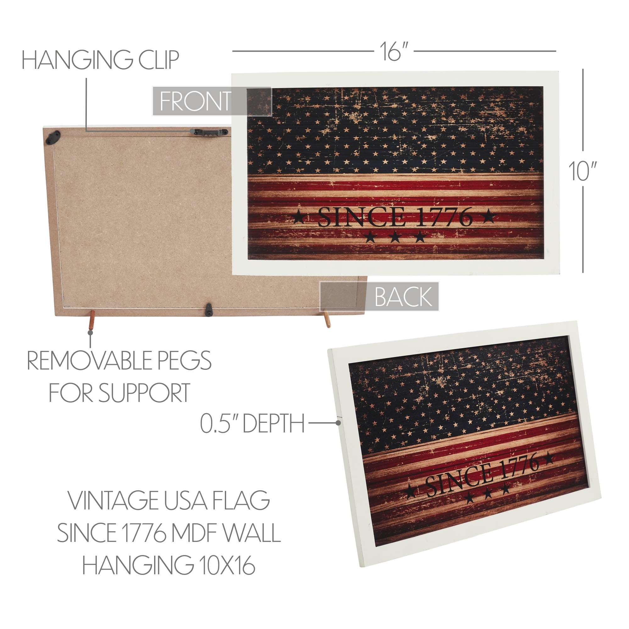 VHC Brands Patriotic Vintage USA Flag Since 1776 MDF Wall Hanging 10x16, Independence Day Decor, Decorative Sign, Rustic Farmhouse Fourth of July Decorations, Navy Blue, Deep Red, Tan
