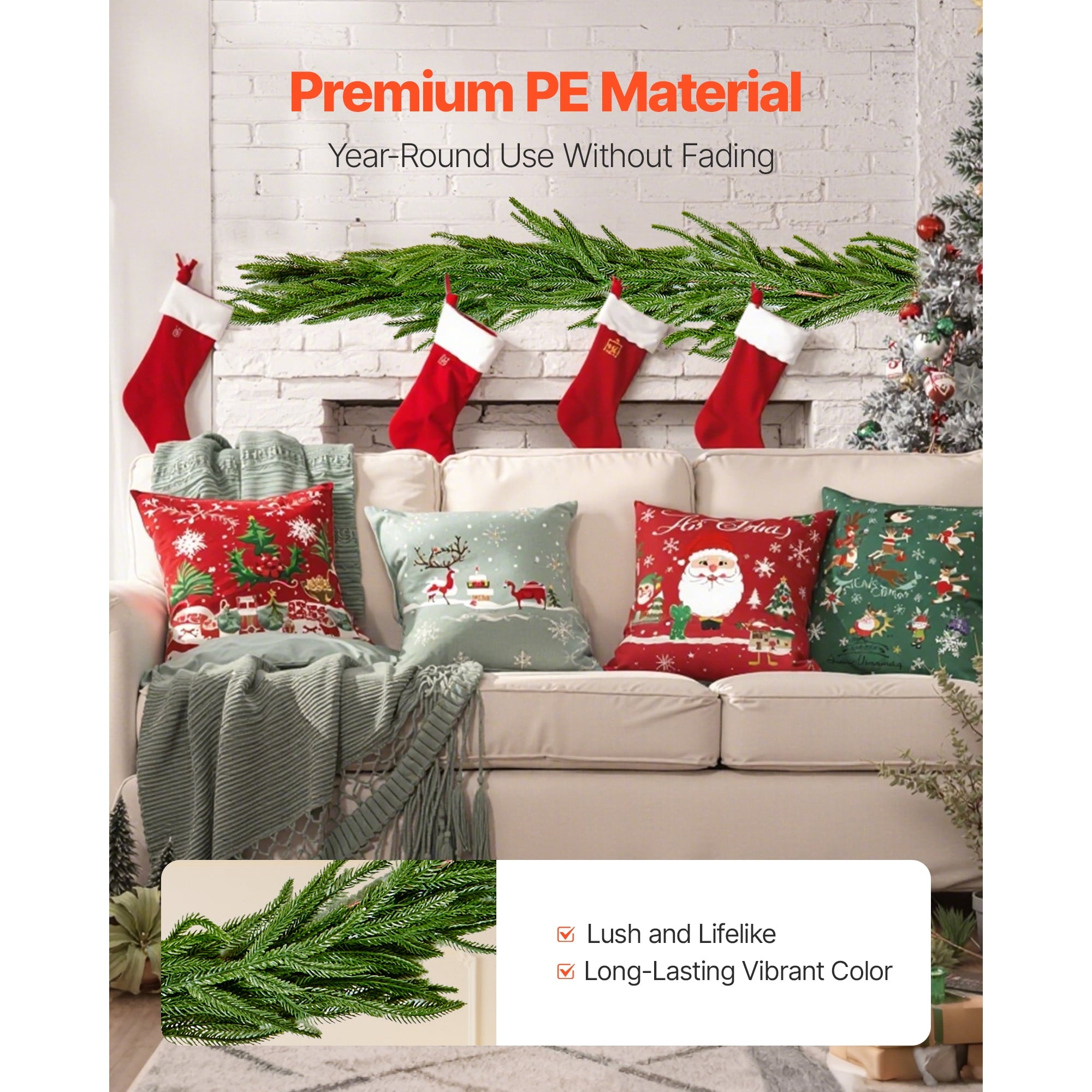 KFFKFF 9-FT Christmas Garland, Realistic Norfolk Pine Design, Artificial Evergreen Greenery for Indoor and Outdoor Holiday Decorations on Tables, Mantels, and Fireplaces