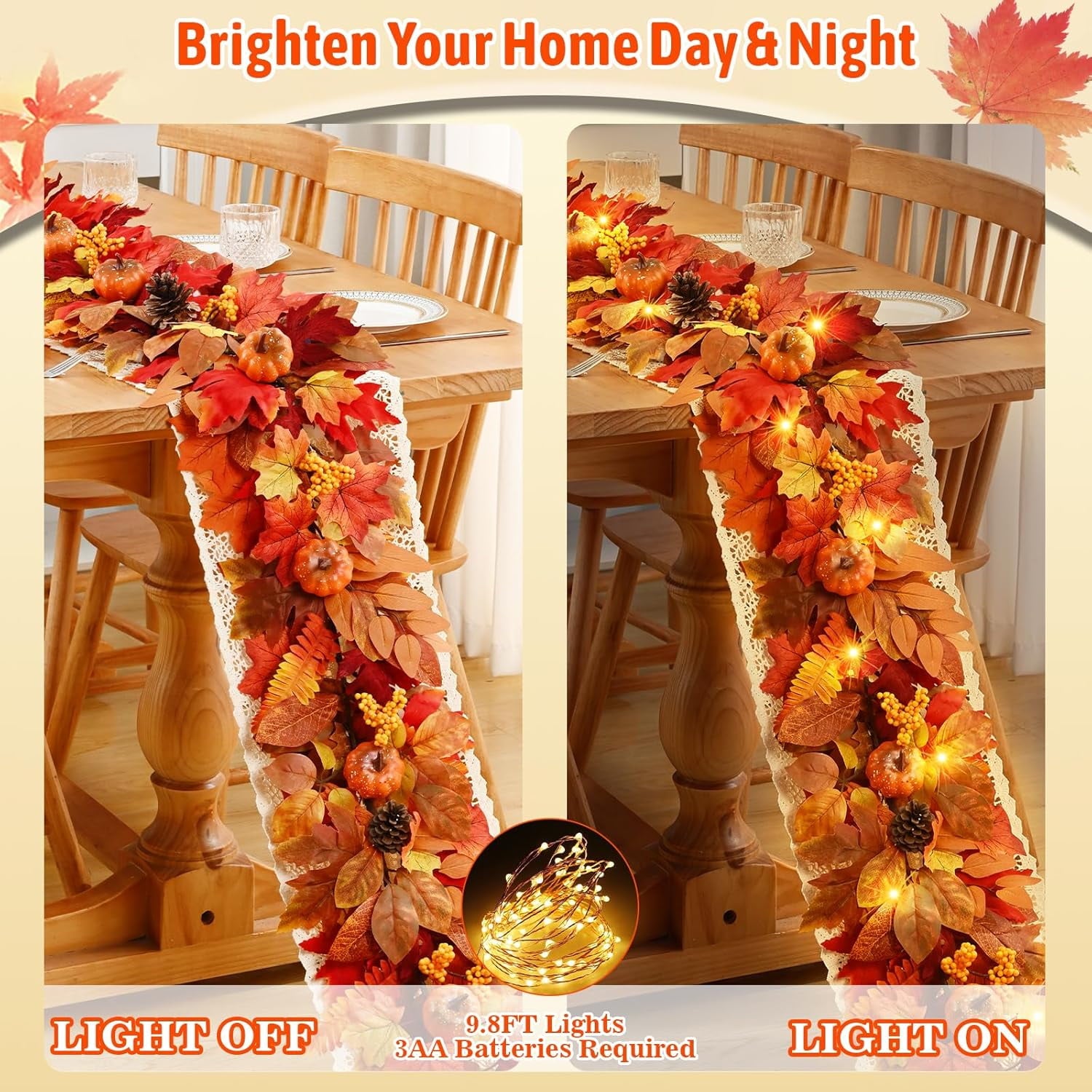 Lyacmy 6 FT Orange Fall Garland for Mantle Fall Decorations for Home, Pumpkins Maple Leaves Lighted Fall Garland for Home Fall Decor Outdoor Indoor