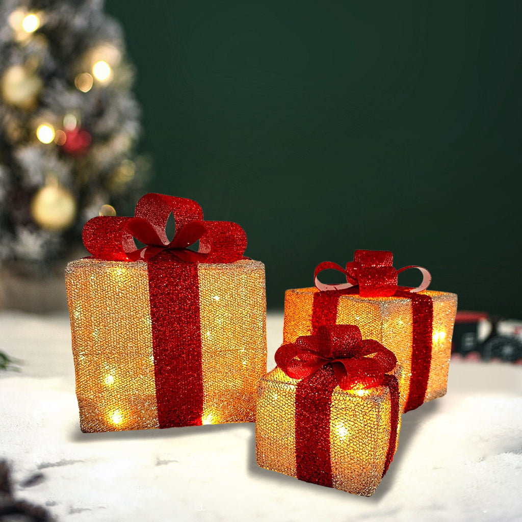 Tyidzon Christmas Lighted Gift Boxes, 3Pcs Christmas Decorations Presents Boxes with Ribbon Bows Christmas Decorations for Xmas Tree, Yard, Home, Indoor Outdoor Holiday Decor