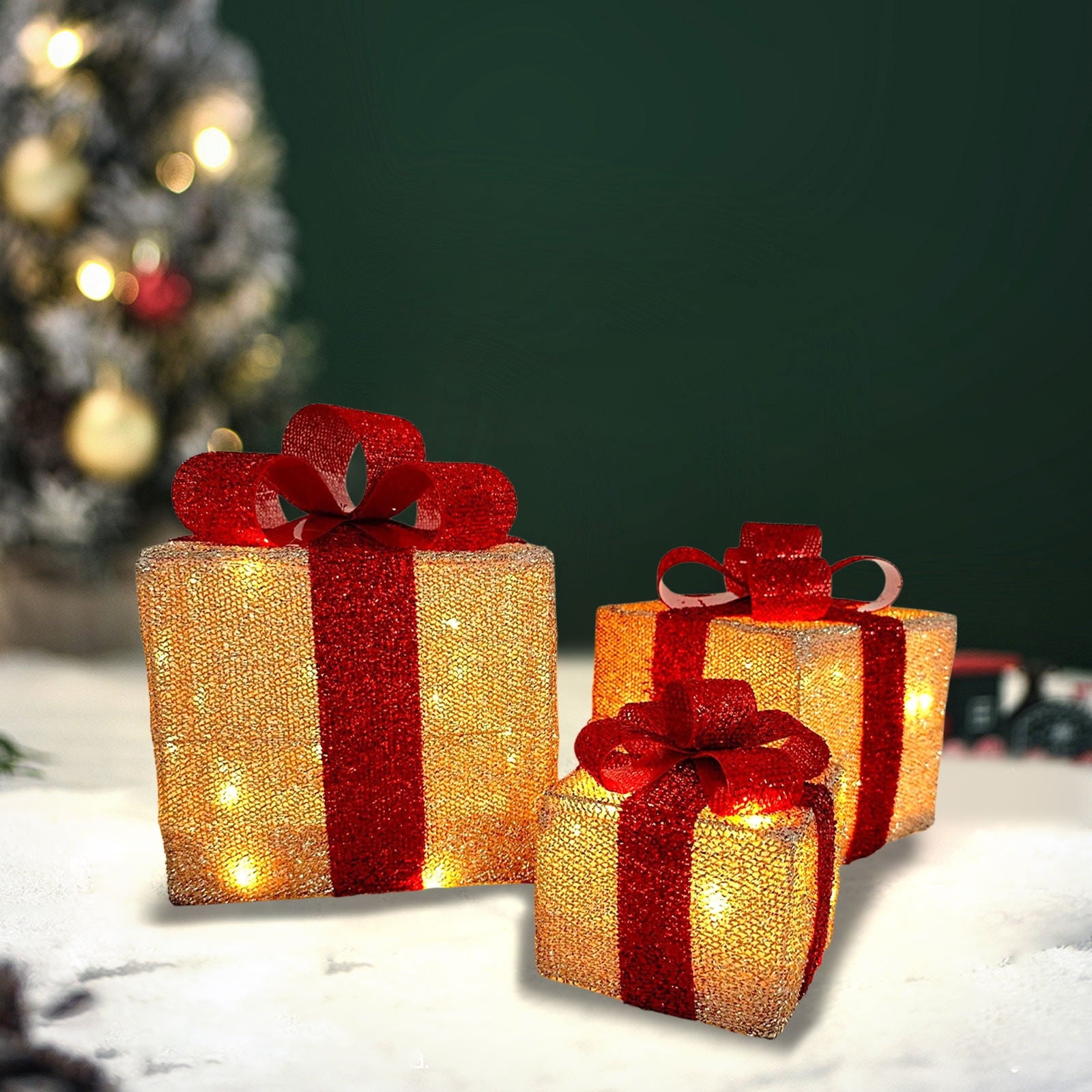 Tyidzon Christmas Lighted Gift Boxes, 3Pcs Christmas Decorations Presents Boxes with Ribbon Bows Christmas Decorations for Xmas Tree, Yard, Home, Indoor Outdoor Holiday Decor