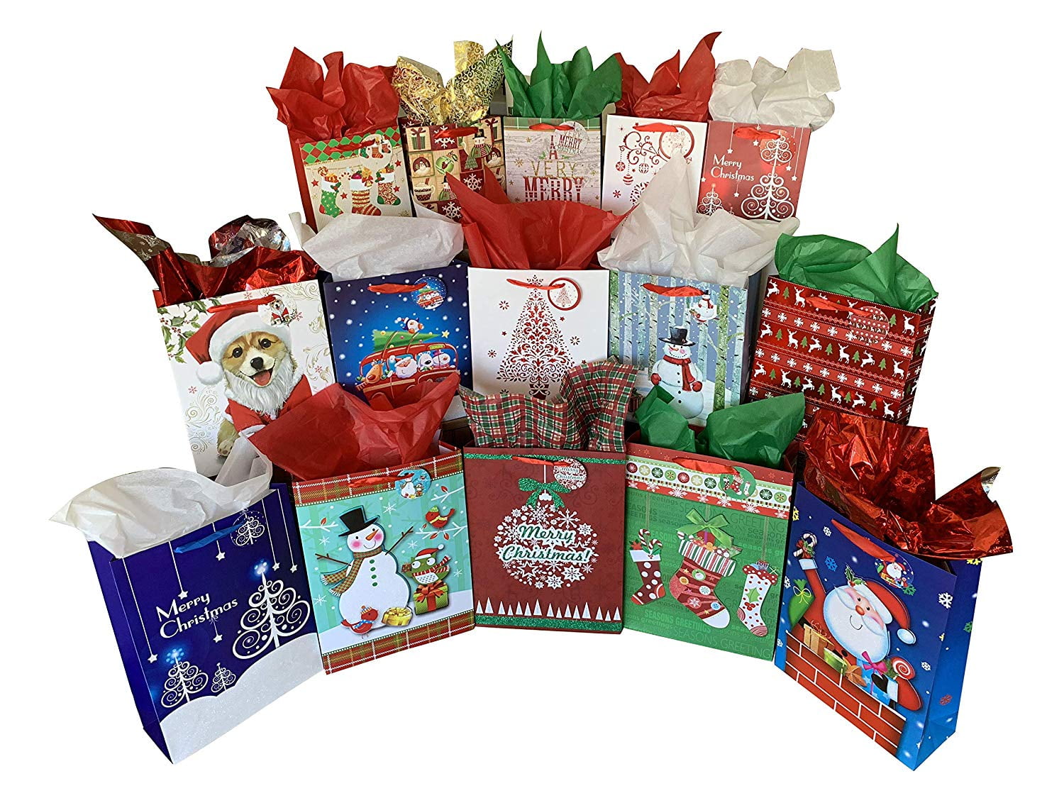 Christmas Gift Bags Assorted Sizes - Set of 15, Bulk, Large, Medium, Small, Handles, Gift Tags Included, Festive Holiday Gift Wrapping