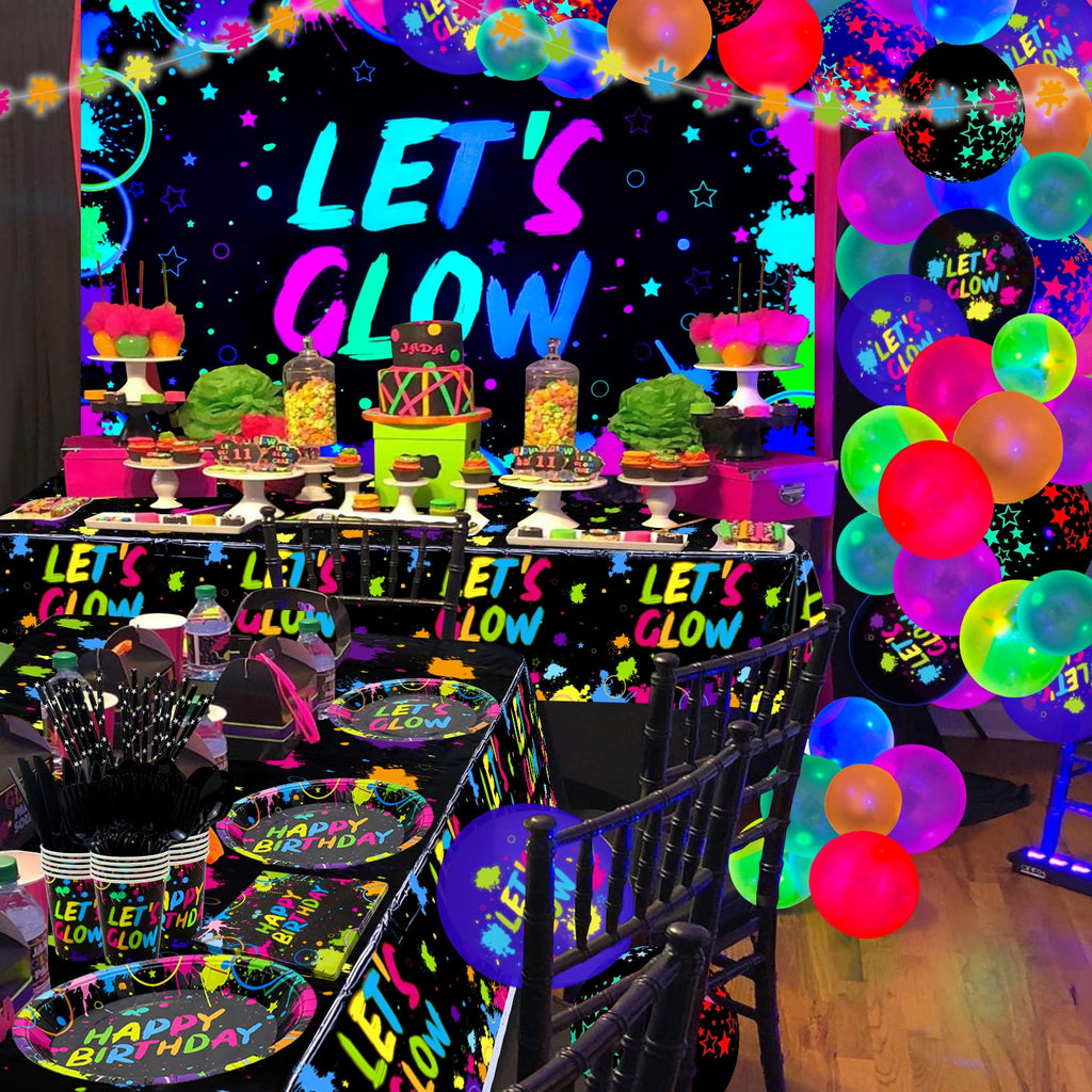44 Pieces Glow Neon Party Supplies - Neon Balloons, Glow in the Dark LET'S GLOW Backdrop Banner, Garlands, Tablecloth, Plates, Napkins, and Cup for Blacklight Party Decorations, Serve 20 Guests
