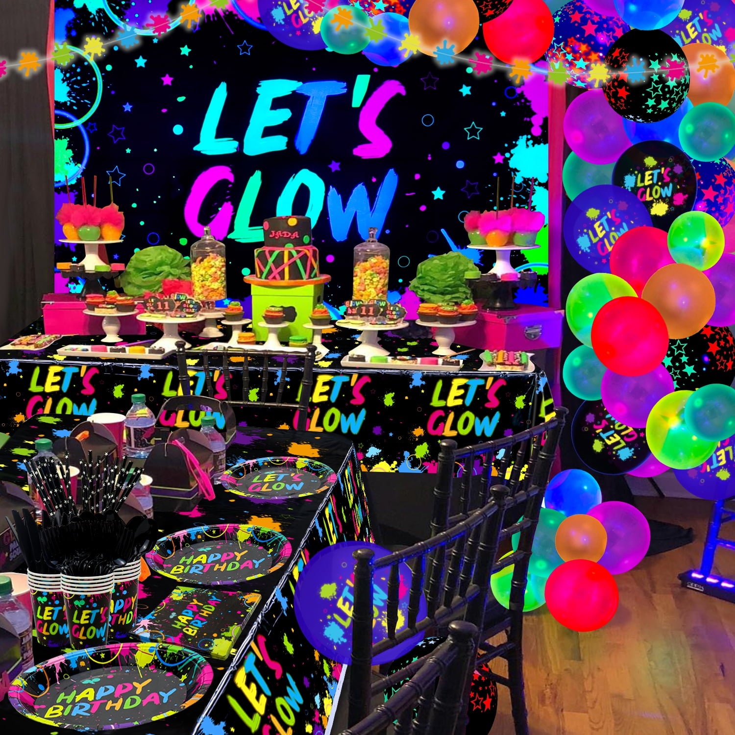 44 Pieces Glow Neon Party Supplies - Neon Balloons, Glow in the Dark LET'S GLOW Backdrop Banner, Garlands, Tablecloth, Plates, Napkins, and Cup for Blacklight Party Decorations, Serve 20 Guests