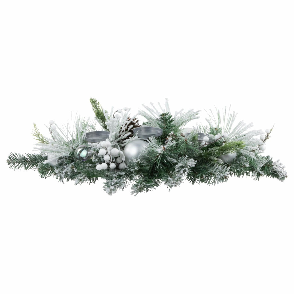 Northlight 30" Green Flocked Pine Triple Candle Holder and Iridescent Christmas Ornaments