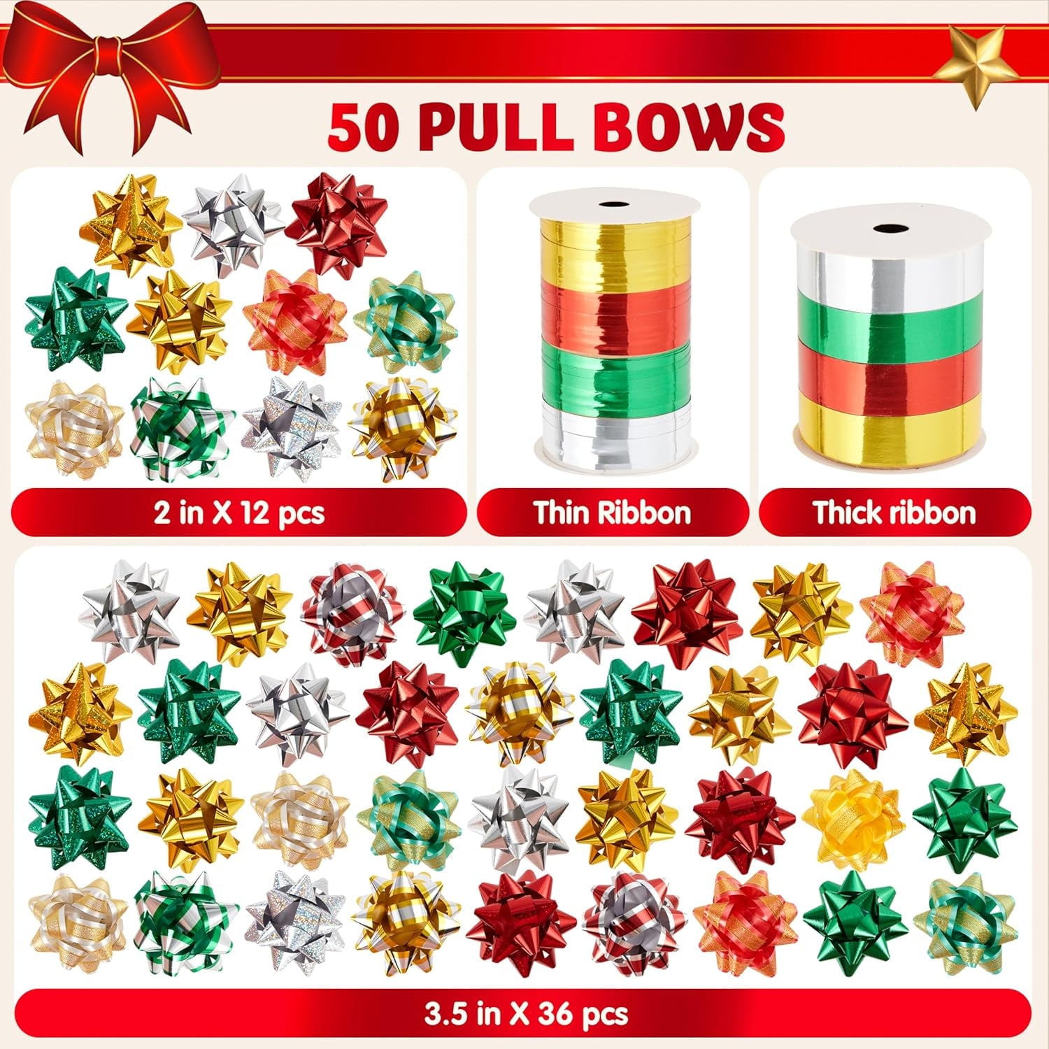 54 PCS GIFT Bows and Gift ribbons with 46 Multi-Colored Assorted Size Self Adhesive Gift Bows and 8 Rolls of Curling Ribbons for Gift, Present Wrapping Decoration Gold, Green, Red, Silver 1 count