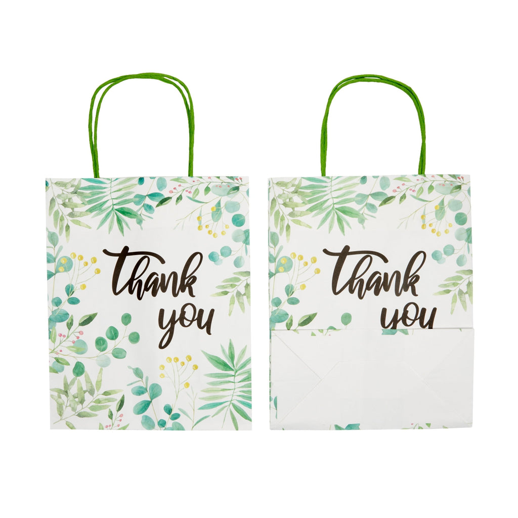 50 Pack Green Leaf Paper Gift Bags with Handles, White Thank You Bag for Small Business Boutique, Baby Shower Party Favors, 10x8x4 in