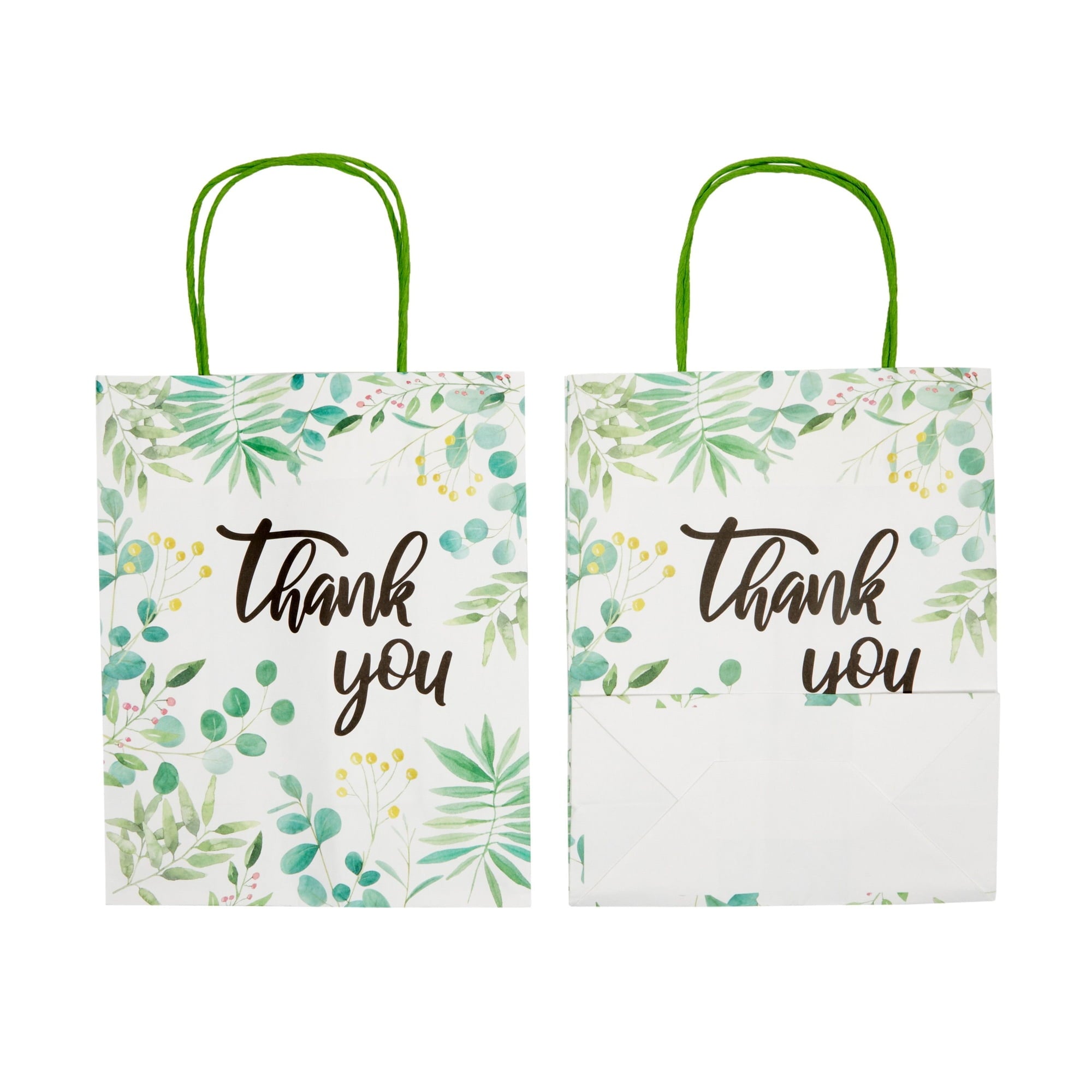 50 Pack Green Leaf Paper Gift Bags with Handles, White Thank You Bag for Small Business Boutique, Baby Shower Party Favors, 10x8x4 in