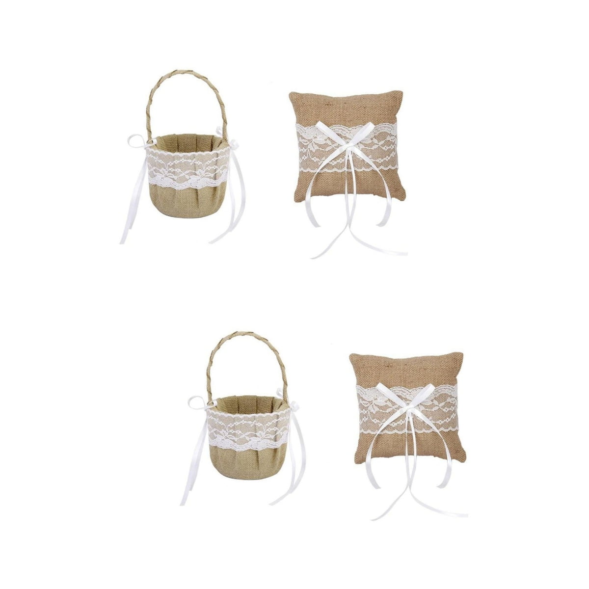 OUNONA 2pcs Set of 6*6'' Generic Burlap Jute & Lace Flower Basket Ring Bearer Pillow Cushion Rustic Country Wedding