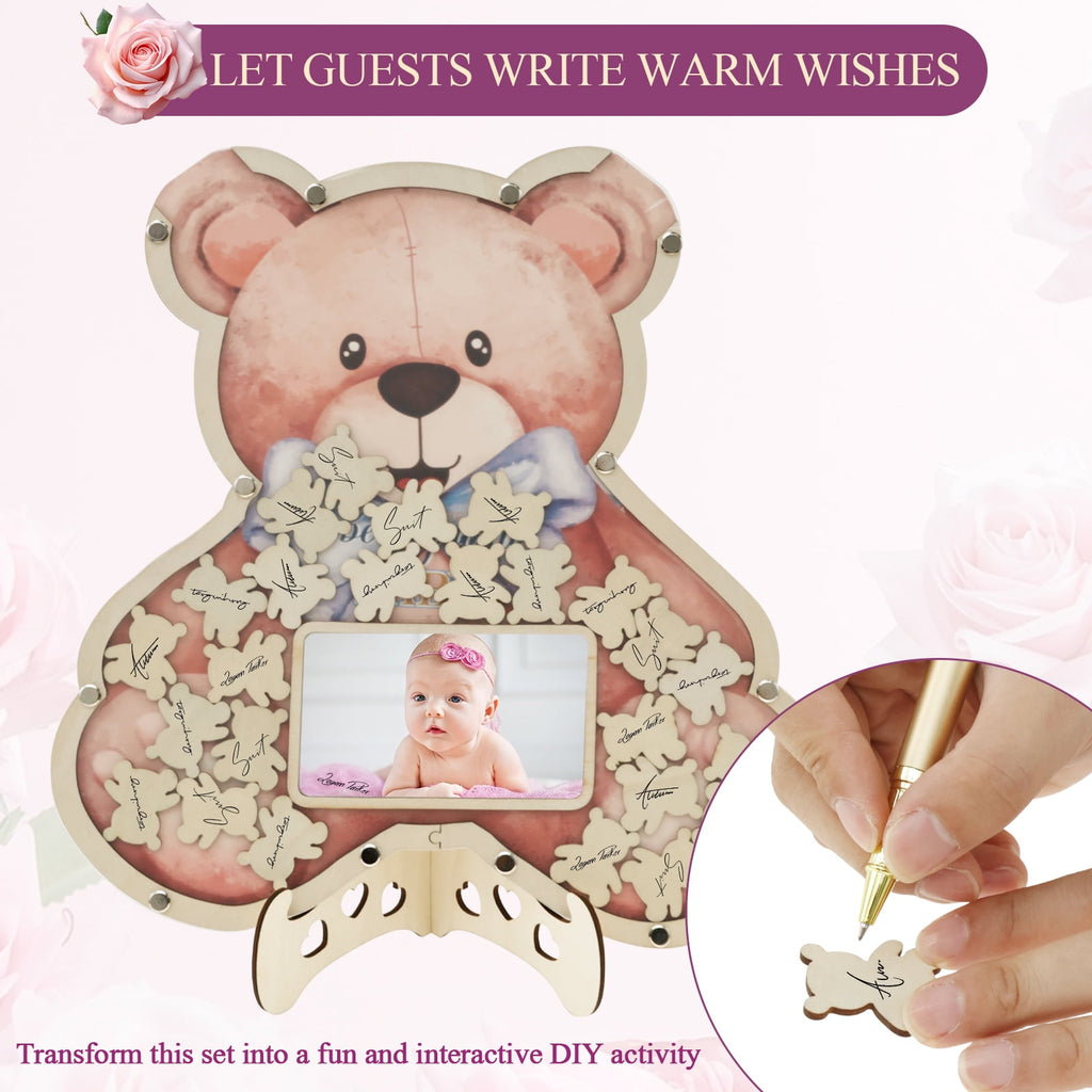 Baby Shower Guest Book Solid Practical Wood Slices Guest Book with Photo Frame Cute Baby Shower Sign in Guestbook Reliable Reusable Guestbook Signature Book for Party