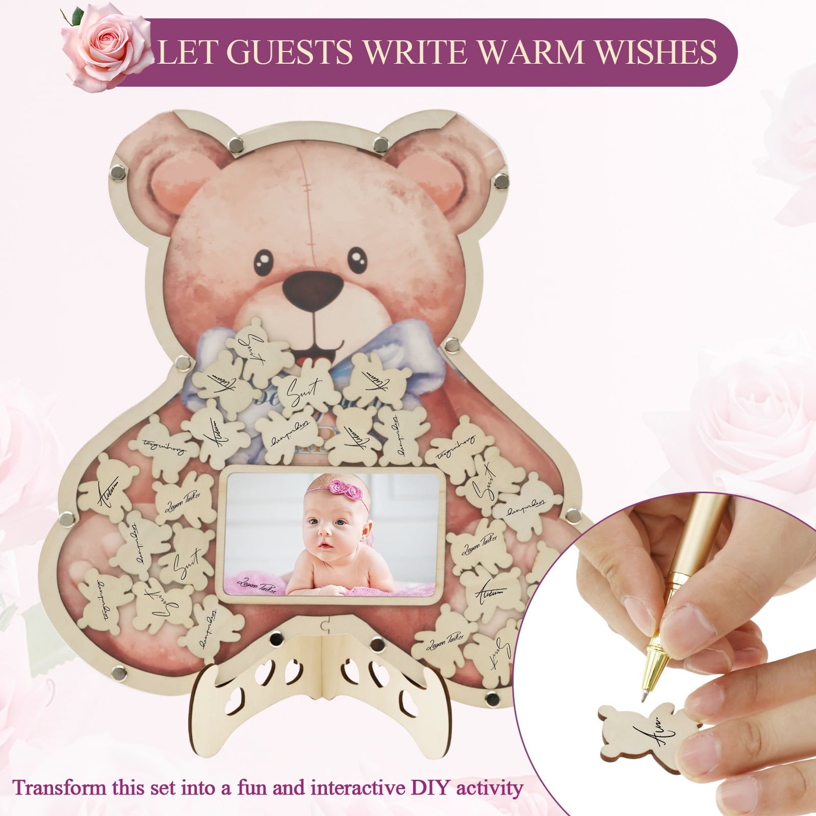 Baby Shower Guest Book Solid Practical Wood Slices Guest Book with Photo Frame Cute Baby Shower Sign in Guestbook Reliable Reusable Guestbook Signature Book for Party