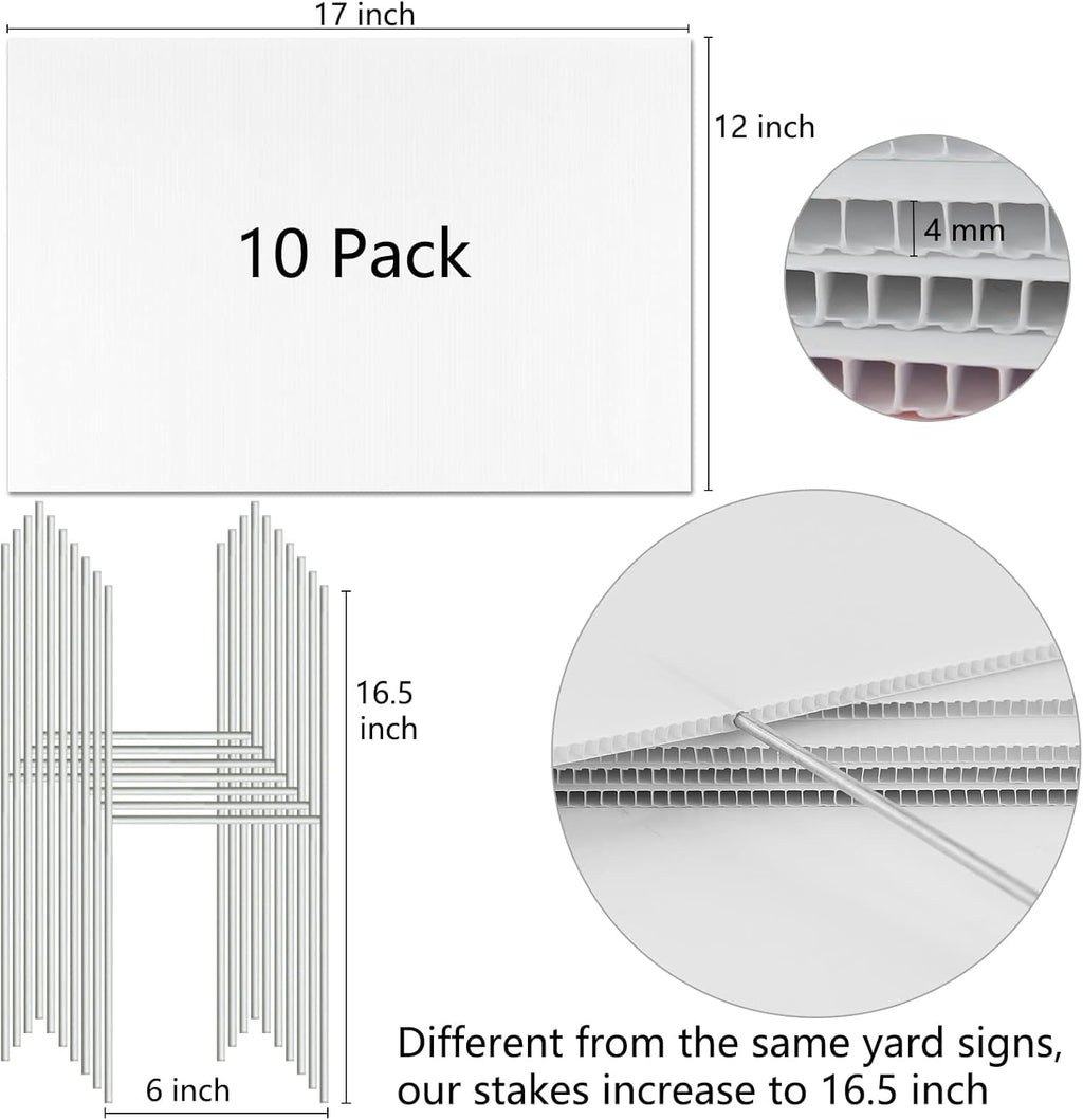 Blank Yard Signs with Stakes, 10 Pack Lawn Signs Corrugated Plastic 17x12 Inches Custom Double Sided for Yard Sale Outdoor, Garage, Open House, Estate, Guidepost, Birthday Party